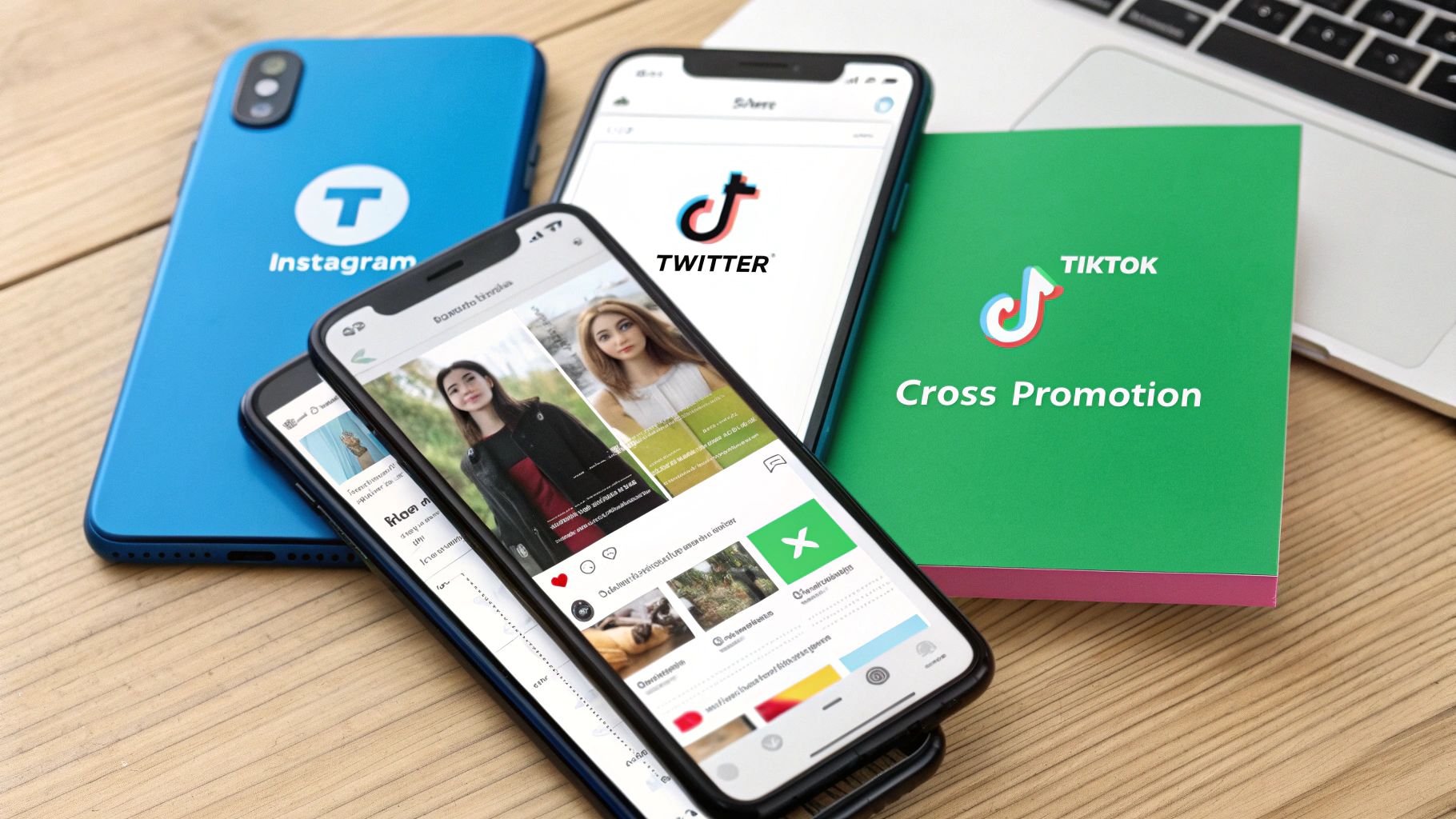 People using various social media apps on their phones to promote content.