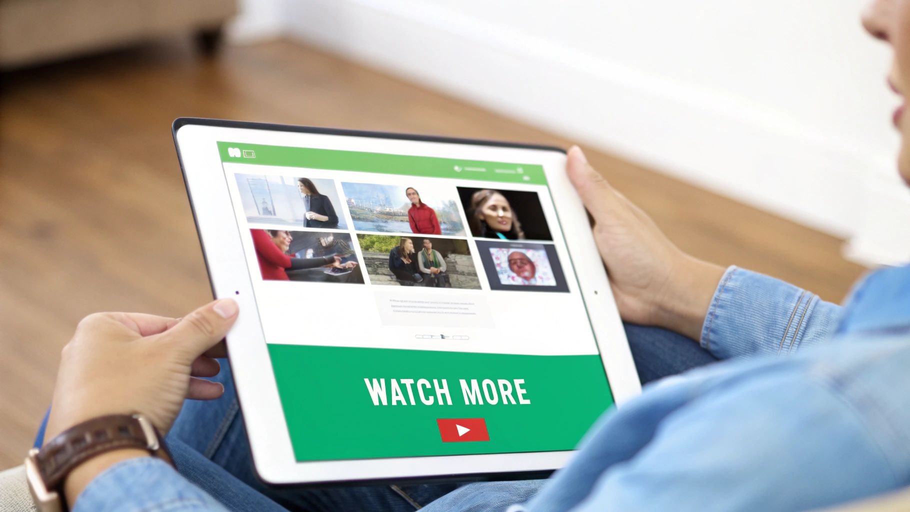 Person holding a tablet displaying a video streaming website with multiple thumbnails and a 'WATCH MORE' button.