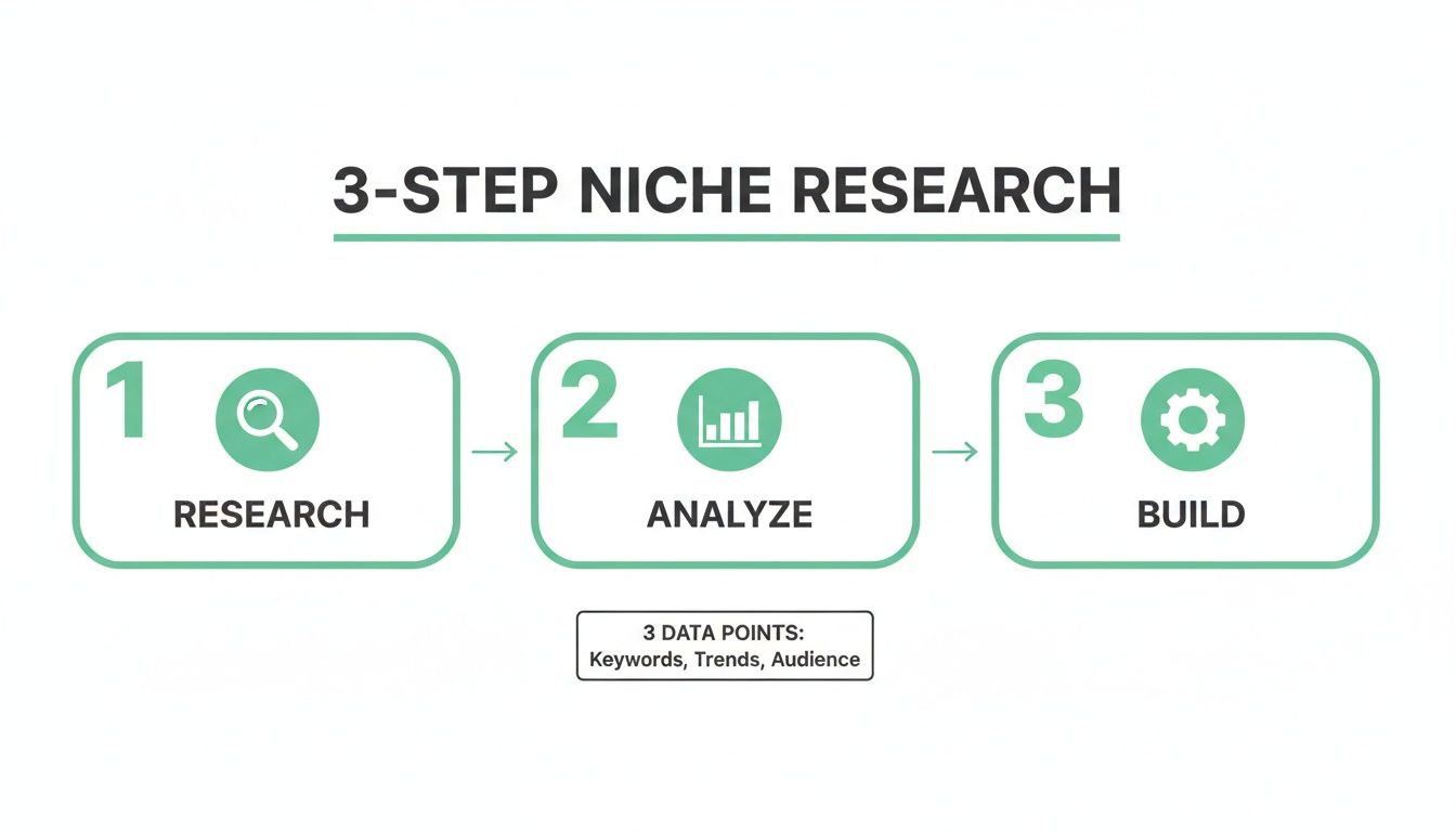 Infographic showing a 3-step niche research process: research, analyze data (keywords, trends, audience), and build.
