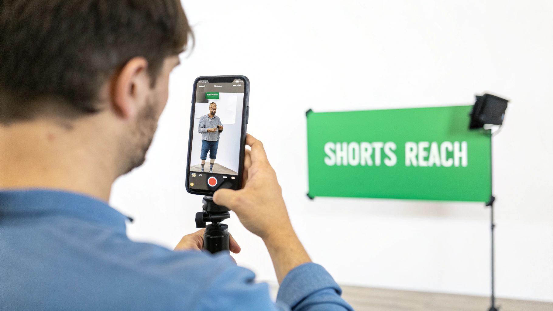A person films a man on a smartphone tripod, with a green 'SHORTS REACH' screen in the background.