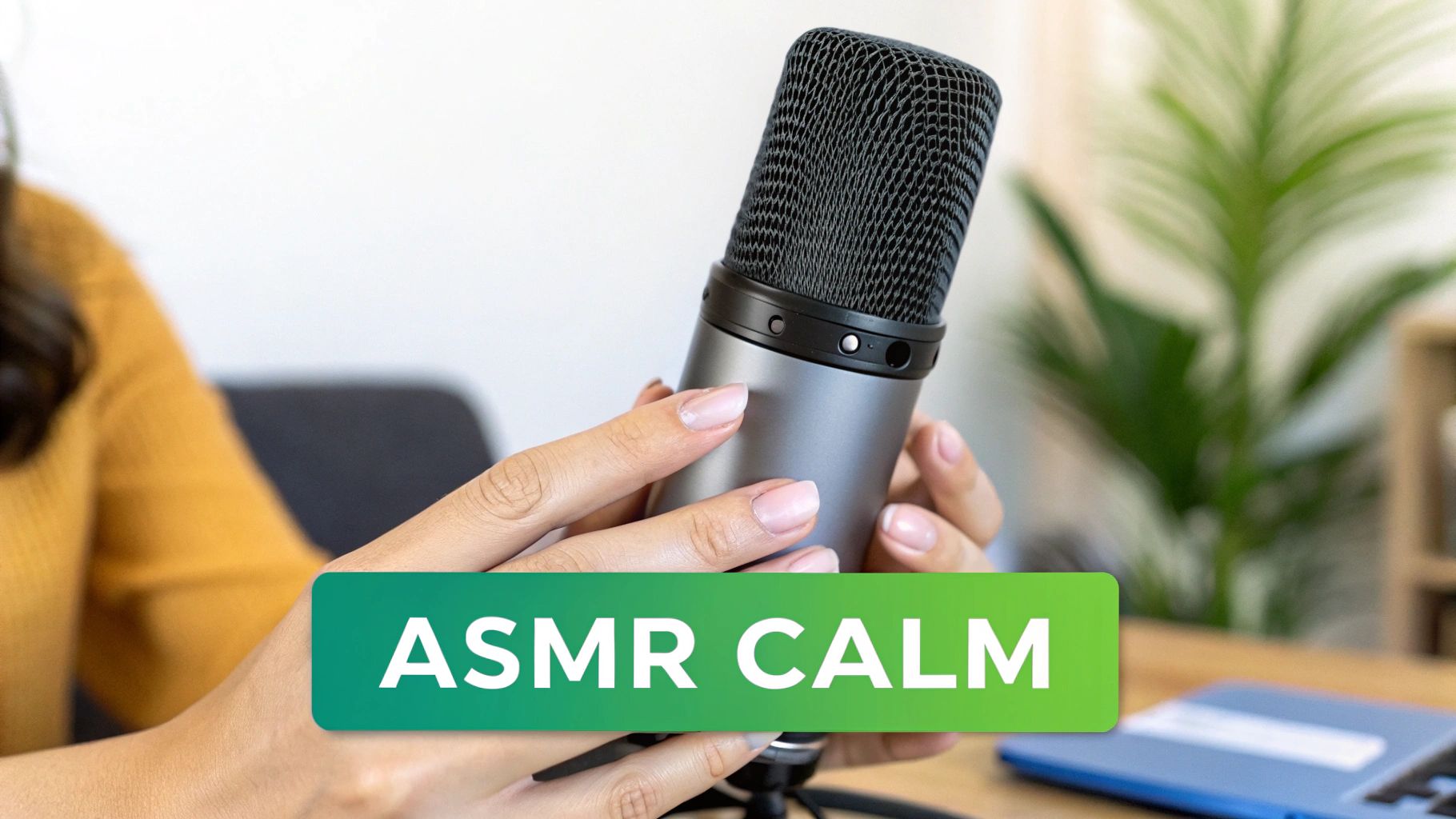 A person with manicured hands holds a gray and black microphone with 'ASMR CALM' text overlay.