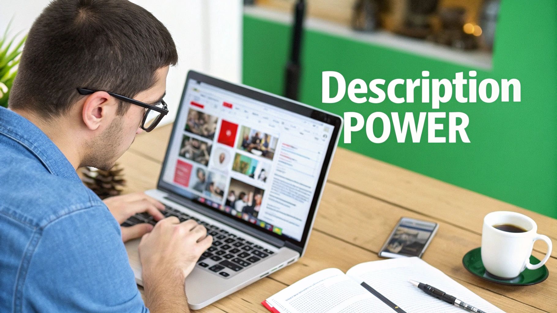 A person with glasses types on a laptop showing video thumbnails, with coffee, a notebook, and 'Description POWER' text.