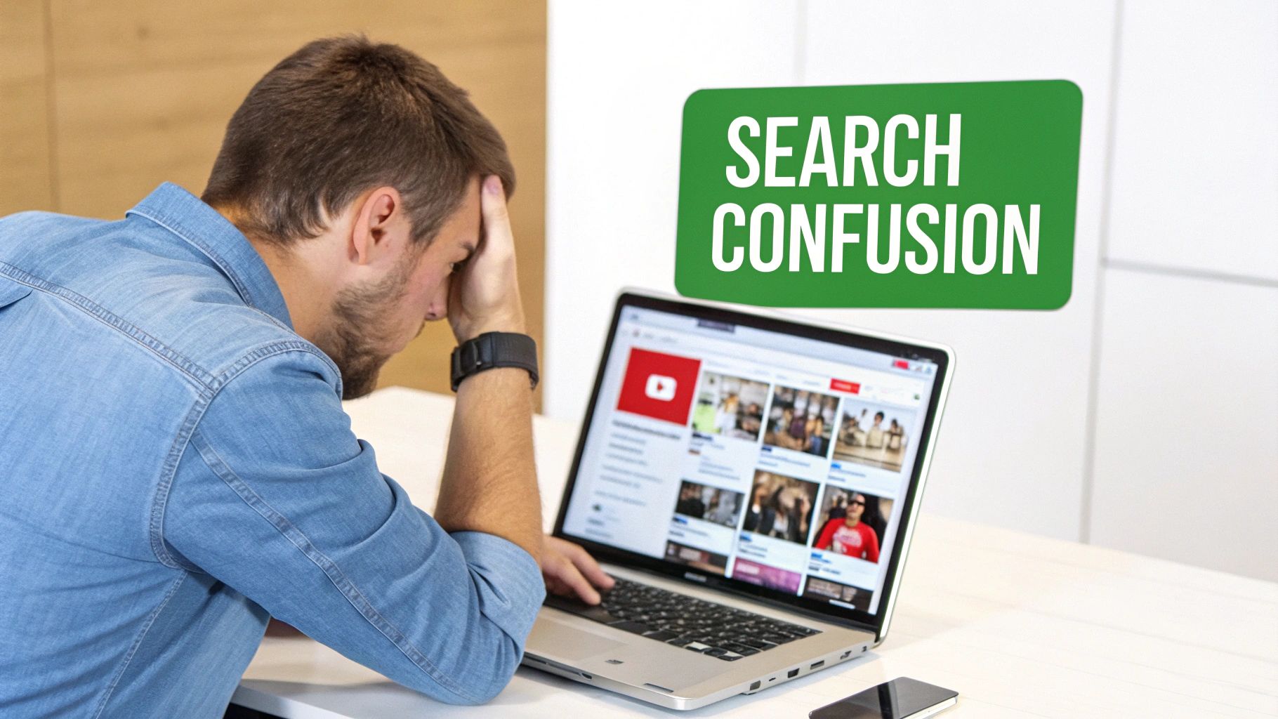 Frustrated man viewing YouTube on laptop, with a green sign saying 'SEARCH CONFUSION' above.