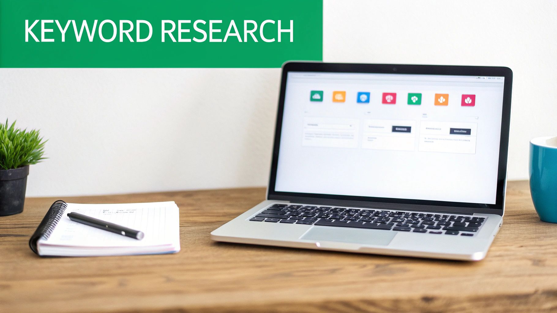 A laptop on a wooden desk with a green banner displaying 'KEYWORD RESEARCH', a notebook, and a plant.