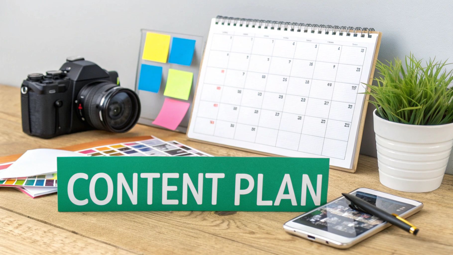 A creative workspace with a camera, calendar, smartphone, and a 'CONTENT PLAN' sign.