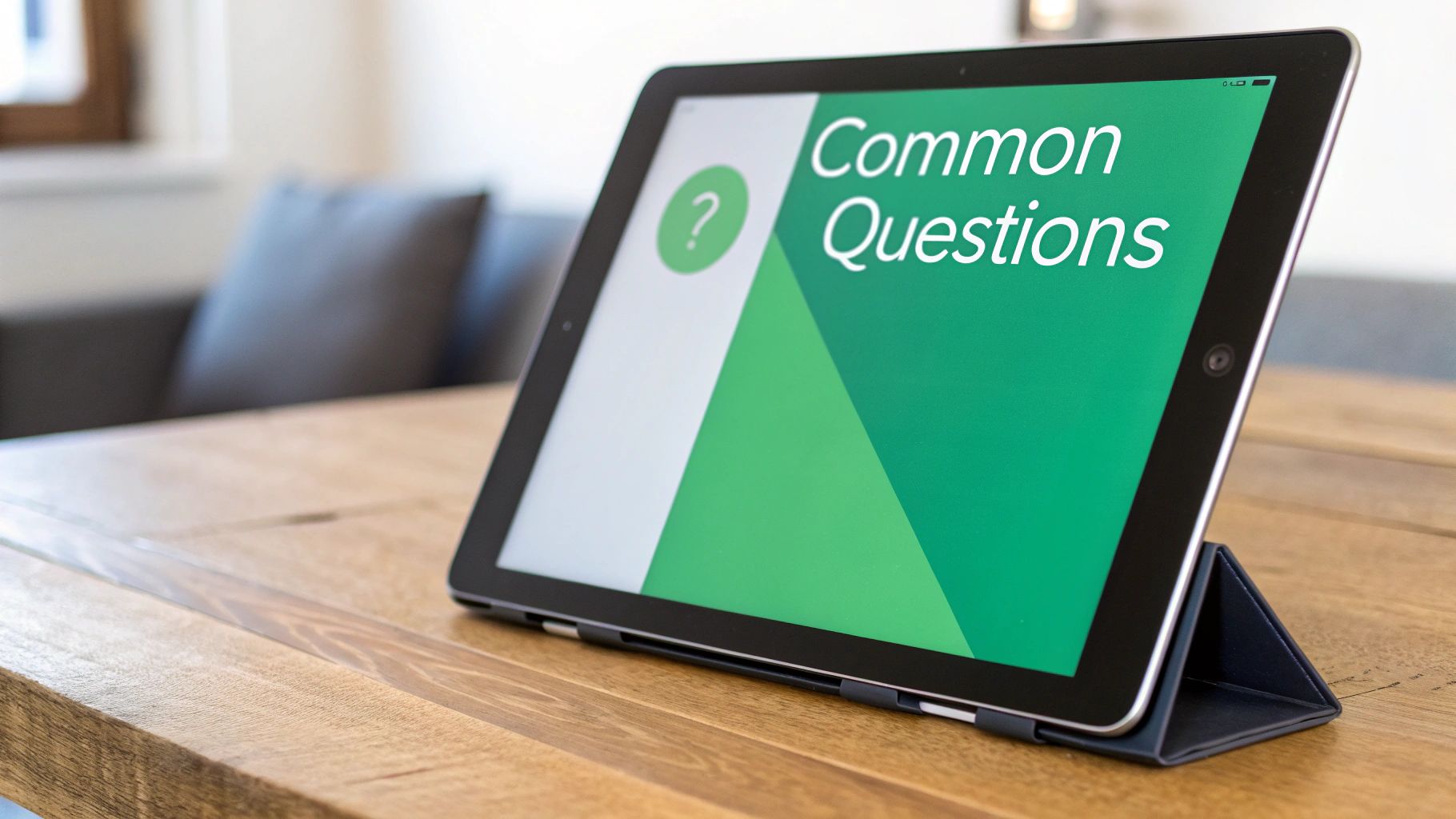 A tablet displaying 'Common Questions' and a question mark icon on a wooden table.