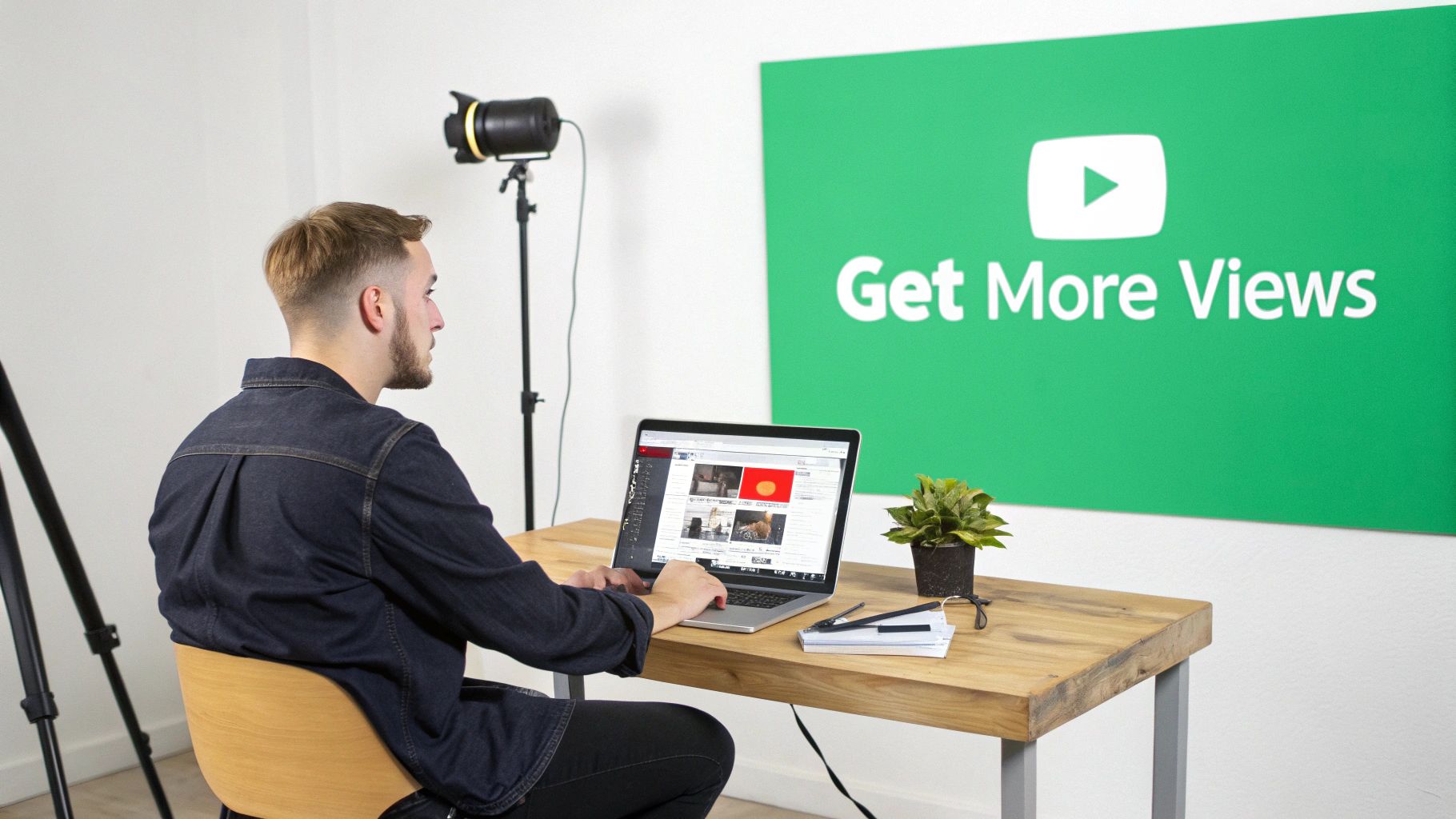 A person looking thoughtfully at a YouTube analytics dashboard on a laptop, showing low view counts.