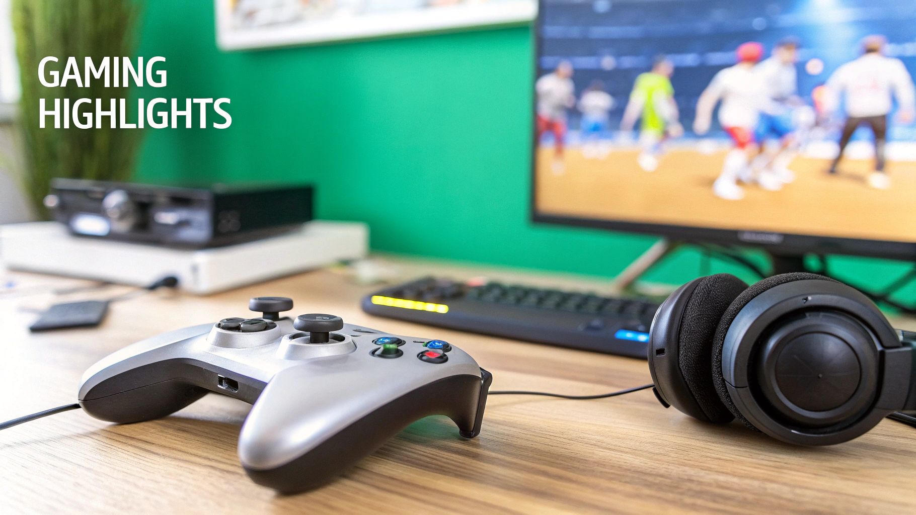 A gaming setup with a controller, headphones, keyboard, and a monitor displaying a sports video game.