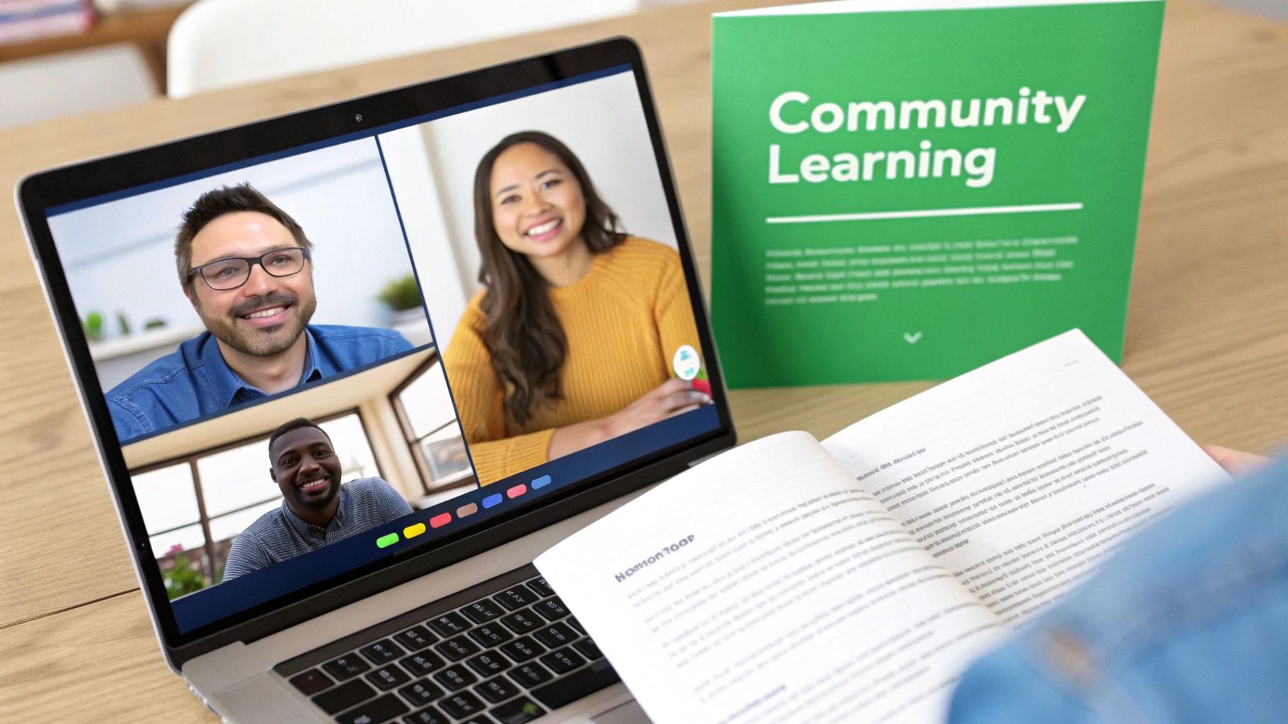 People on a laptop video call for online community learning next to an open notebook.