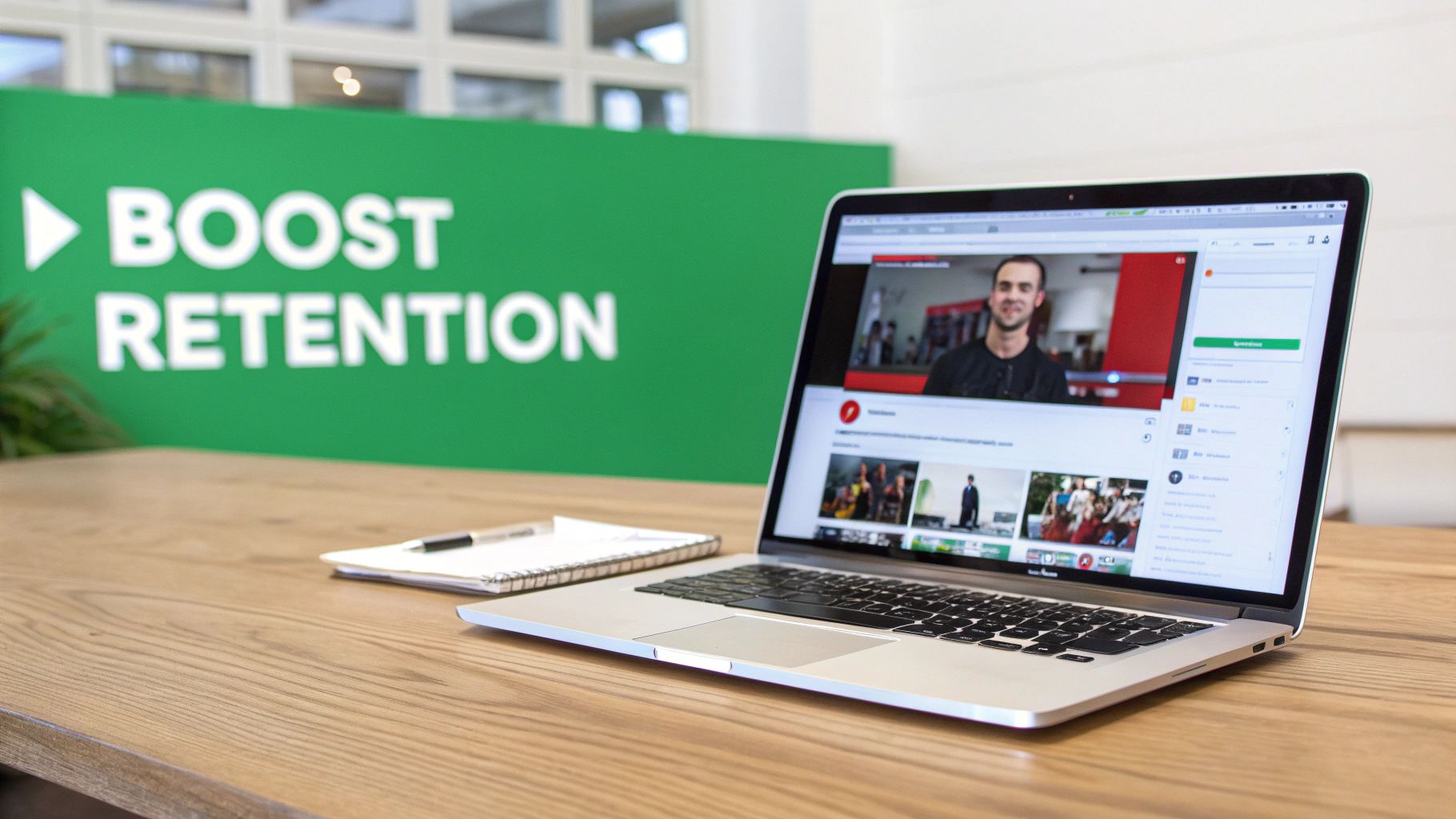 A laptop on a wooden desk displaying a YouTube video with a 'BOOST RETENTION' sign in the background.