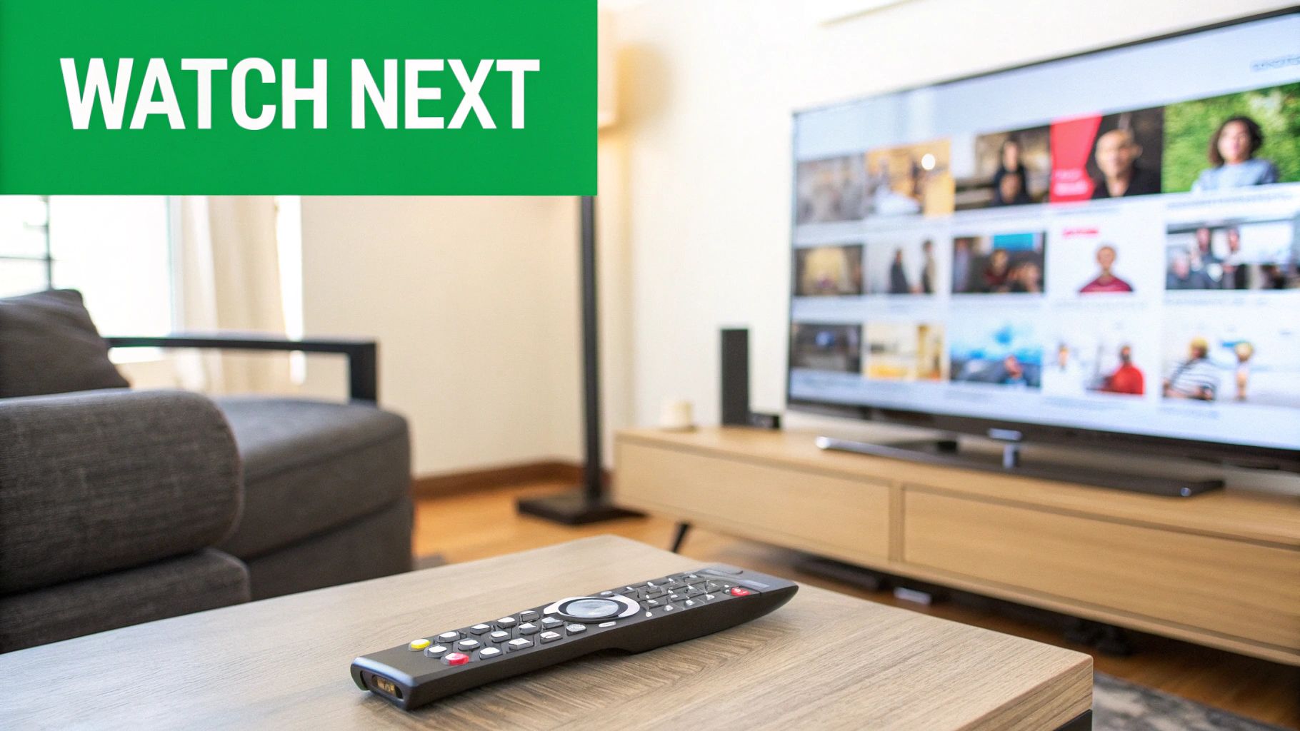 A living room with a TV displaying streaming content, a remote control on a coffee table, and a comfortable couch.