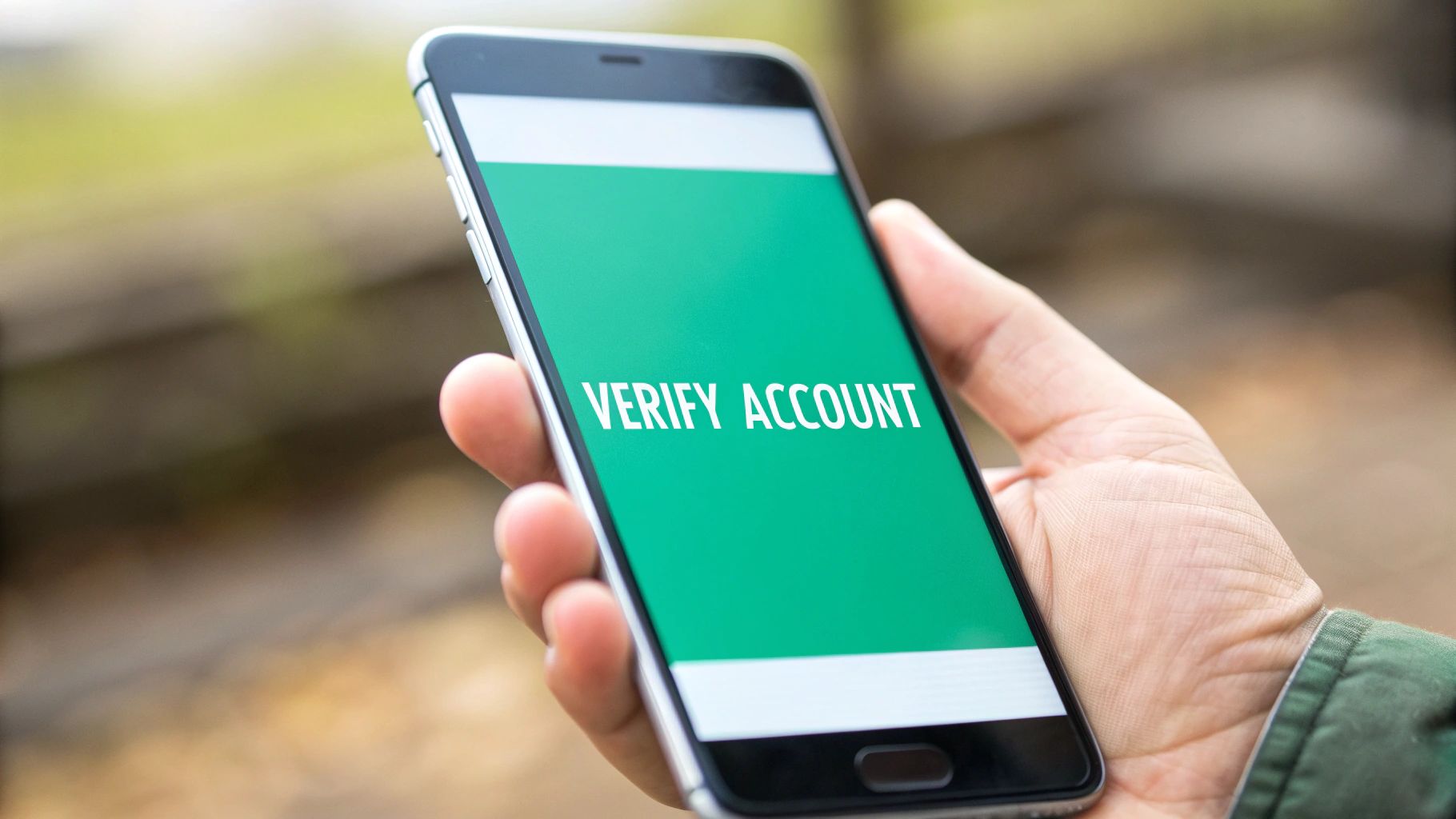 A person holds a smartphone with a green screen displaying 'VERIFY ACCOUNT' for online security.