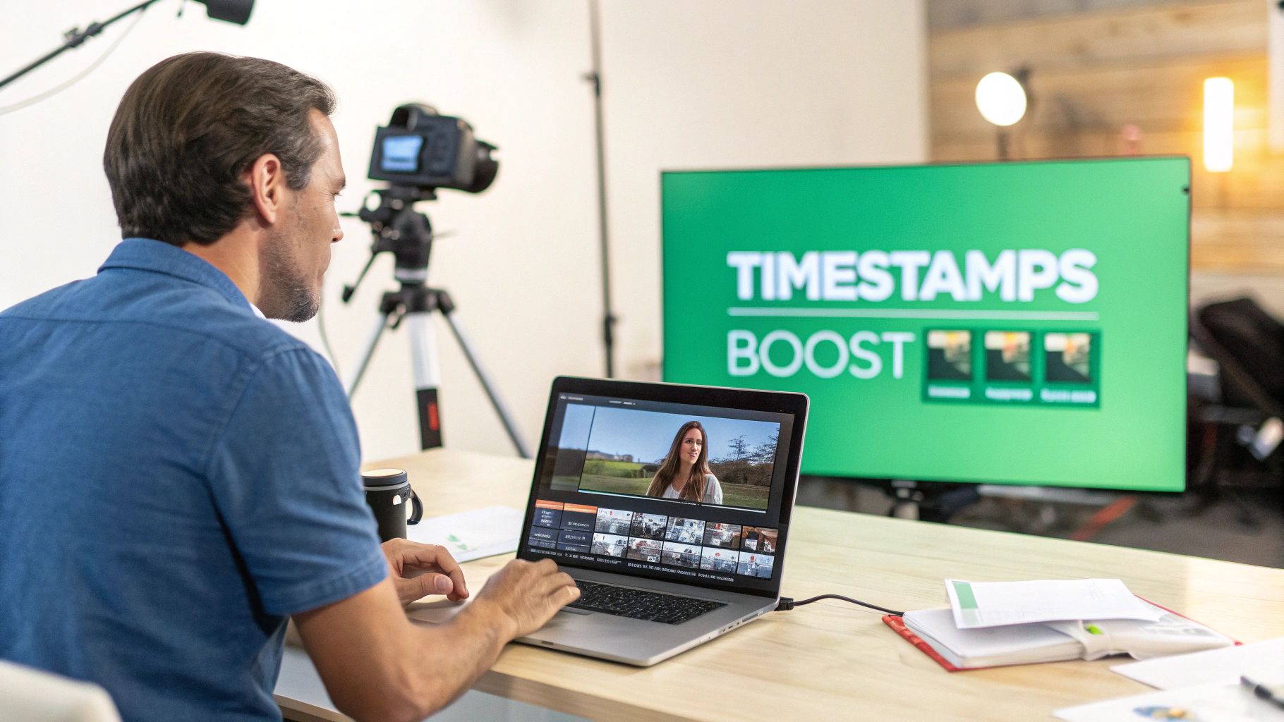 Man editing a video on a laptop, with a green screen displaying 'TIMESTAMPS BOOST' and camera in background.