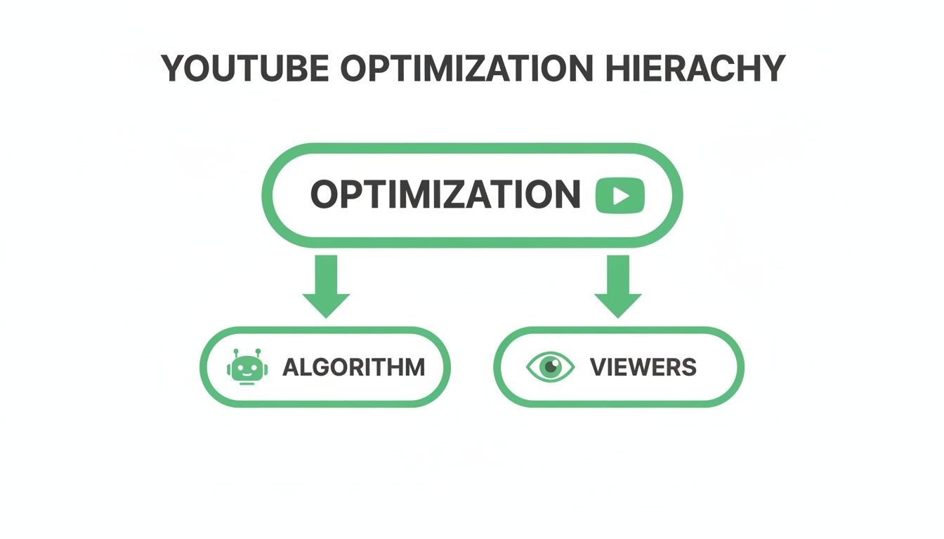 A diagram illustrating the YouTube Optimization Hierarchy, showing Optimization leading to Algorithm and Viewers.