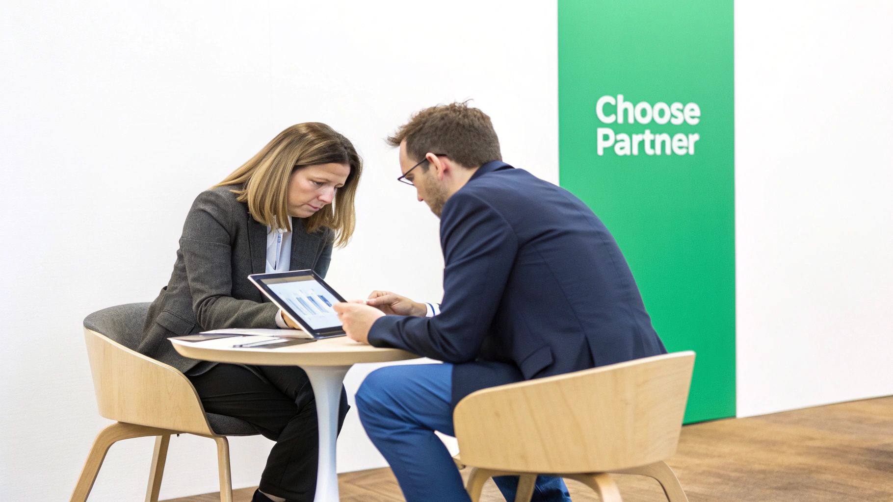 Two business professionals discussing data on a tablet at a table in a modern office.