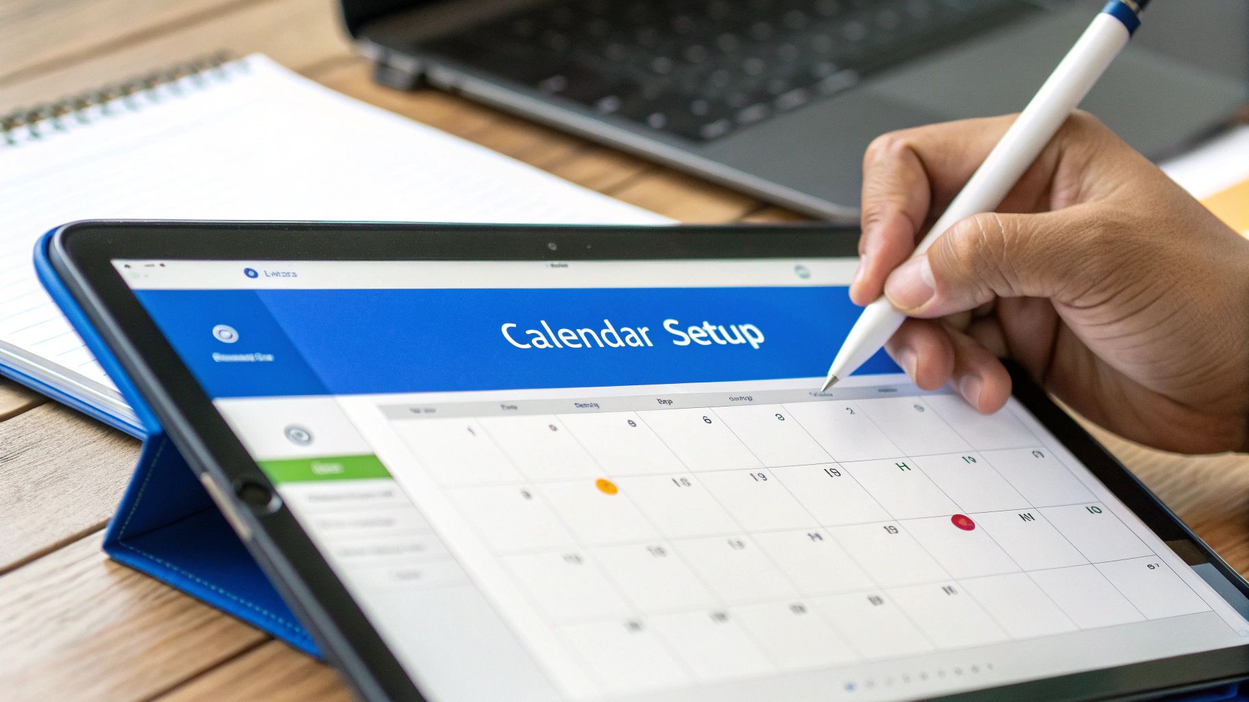 A close-up shot of a digital editorial calendar on a tablet screen, showing color-coded entries and content details.