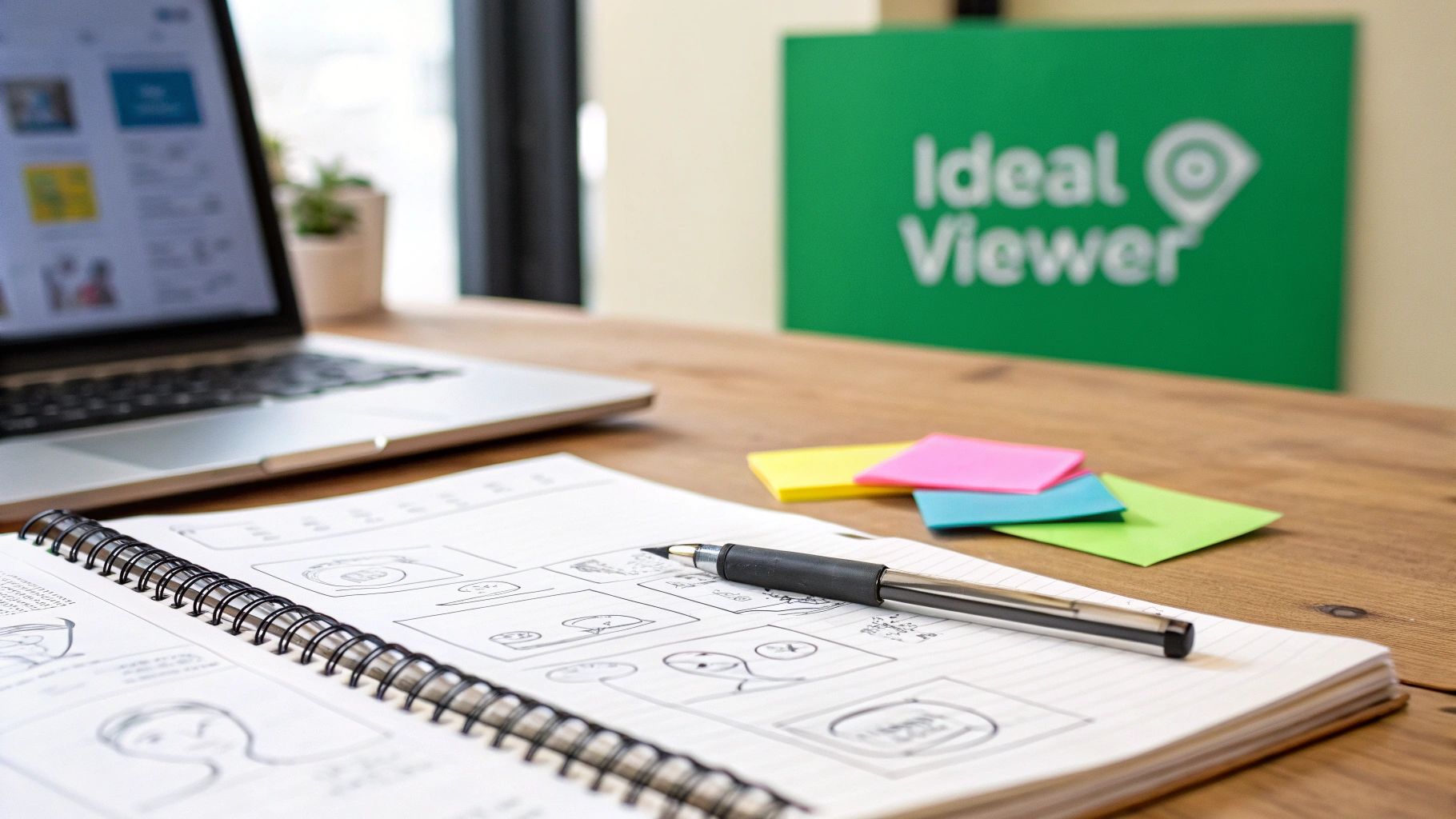 A creative workspace featuring a laptop, open notebook with sketches, pen, and colorful sticky notes on a wooden desk.
