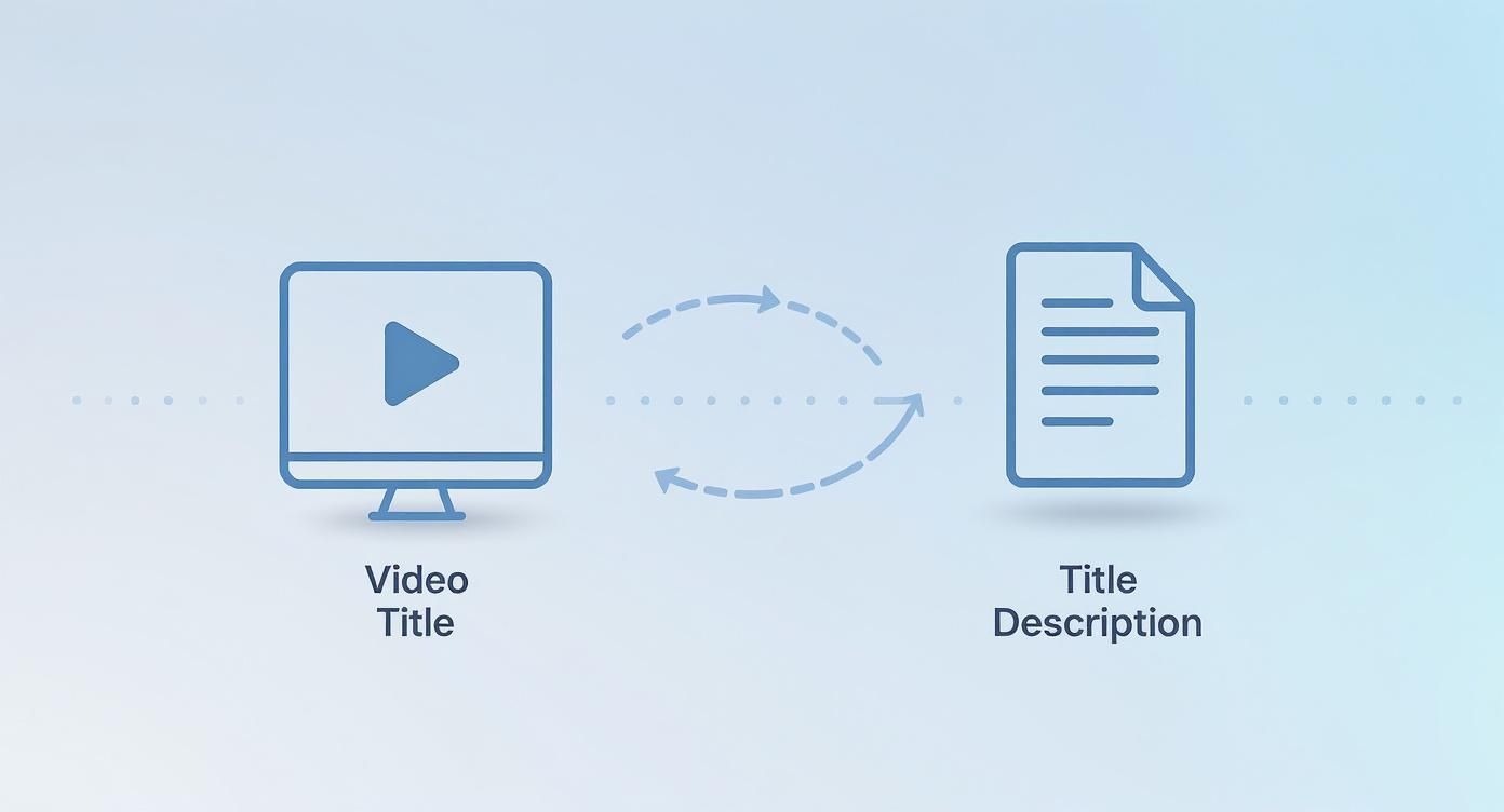 Illustration showing bidirectional data exchange between a video title on a screen and its corresponding description.