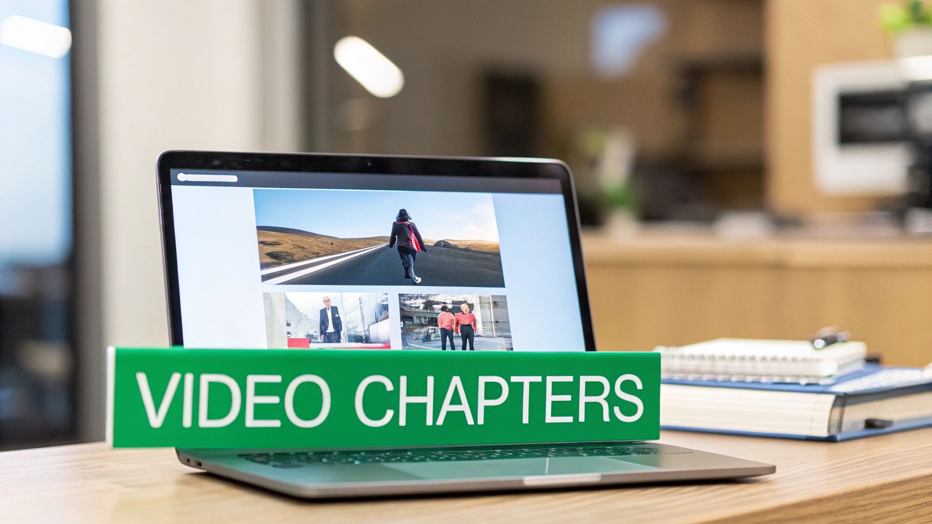 Laptop showing video thumbnails and a prominent 'VIDEO CHAPTERS' sign on a wooden office desk.