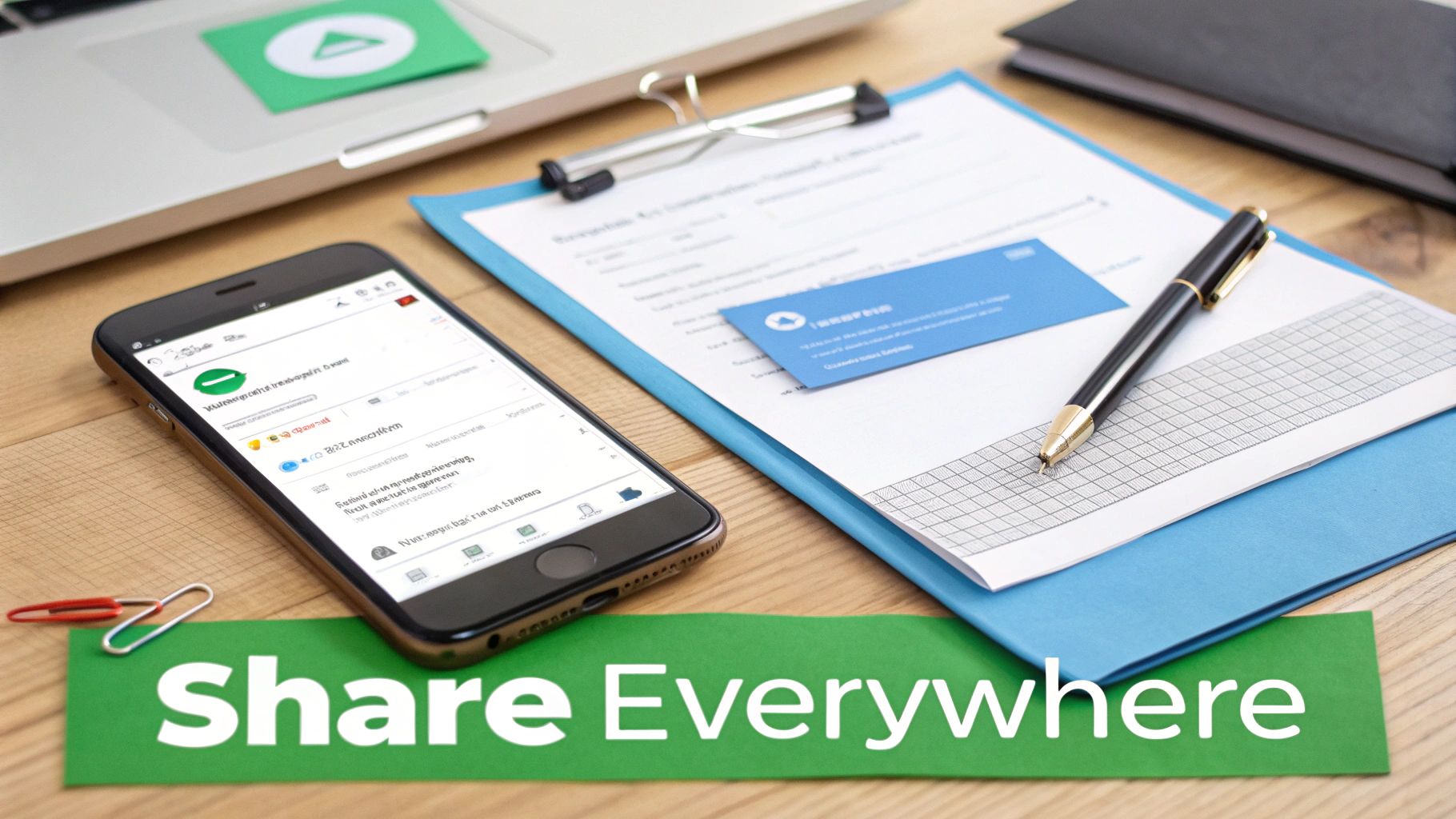 Workspace desk with smartphone showing collaboration app, clipboard with documents, business card, and pen