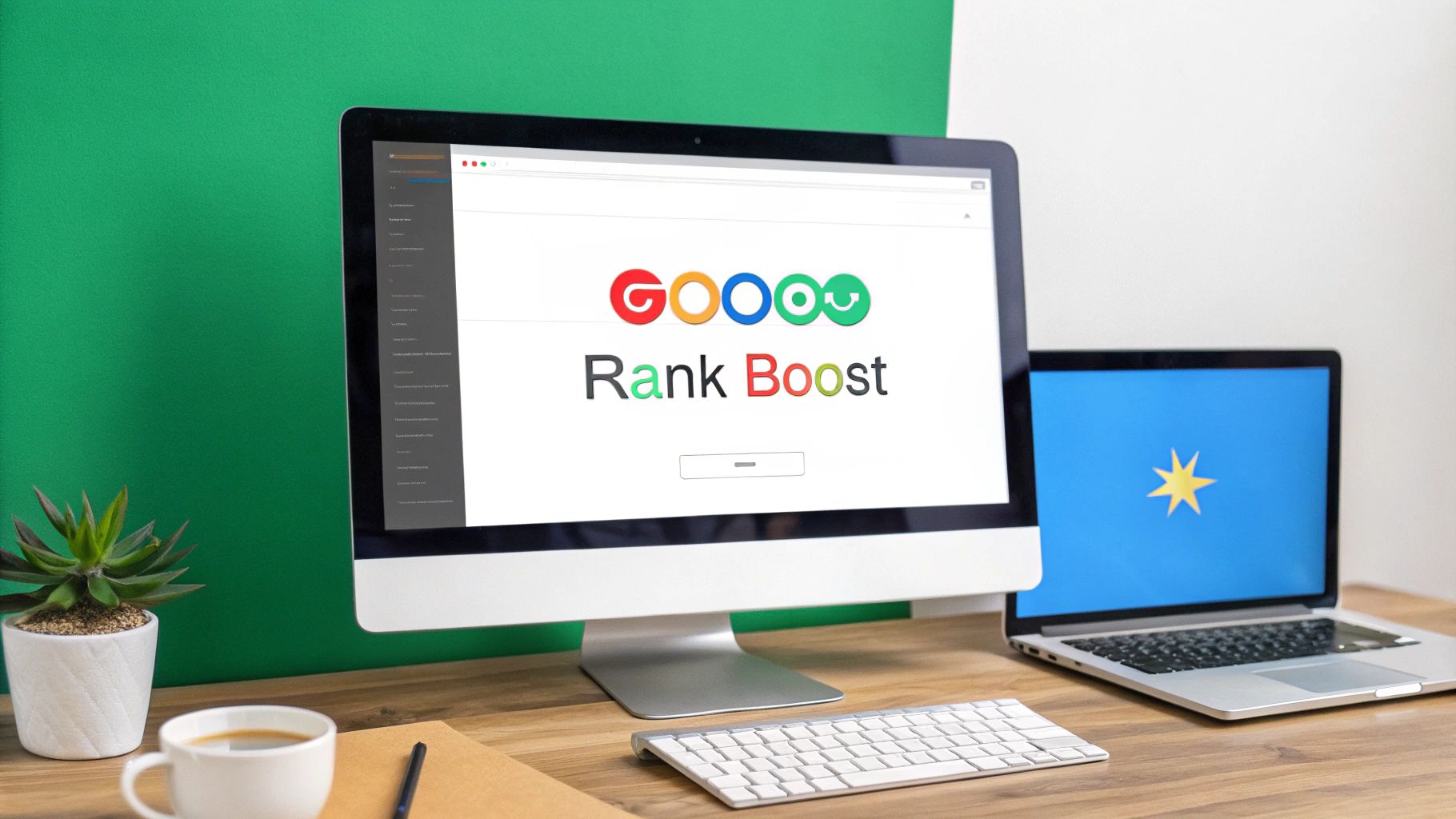 A clean workspace with a computer monitor displaying 'GOOOO Rank Boost', a laptop, coffee, and a plant.