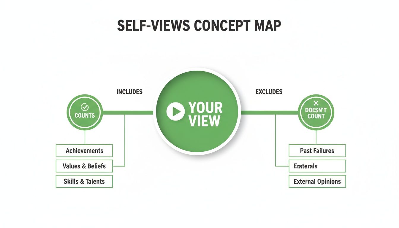 Concept map illustrating self-views: what counts (achievements, values) and what doesn't (failures, external opinions).