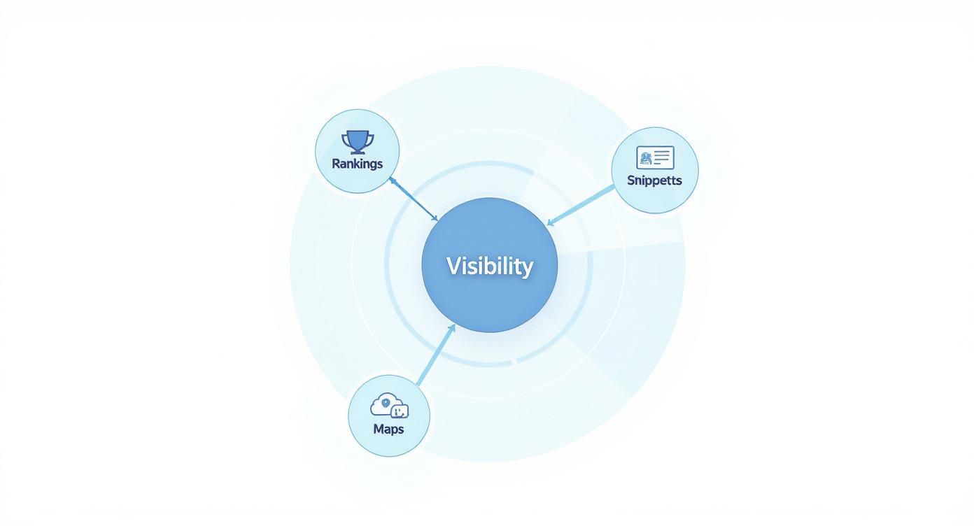 A diagram illustrating how search visibility is achieved through rankings, snippets, and maps.