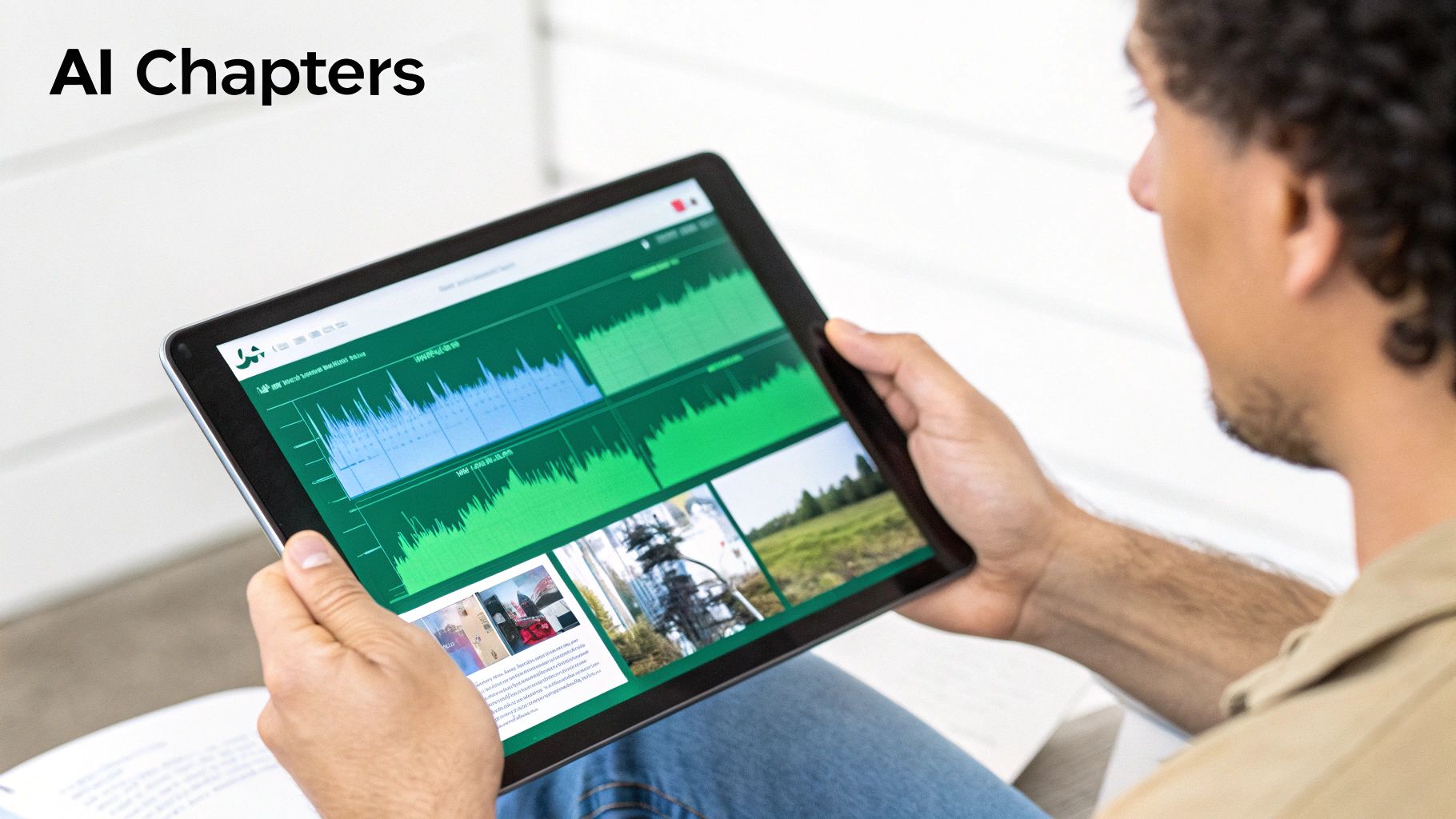 A man viewing a tablet displaying 'AI Chapters' content with visual waveforms and image thumbnails, likely for video editing or analysis.