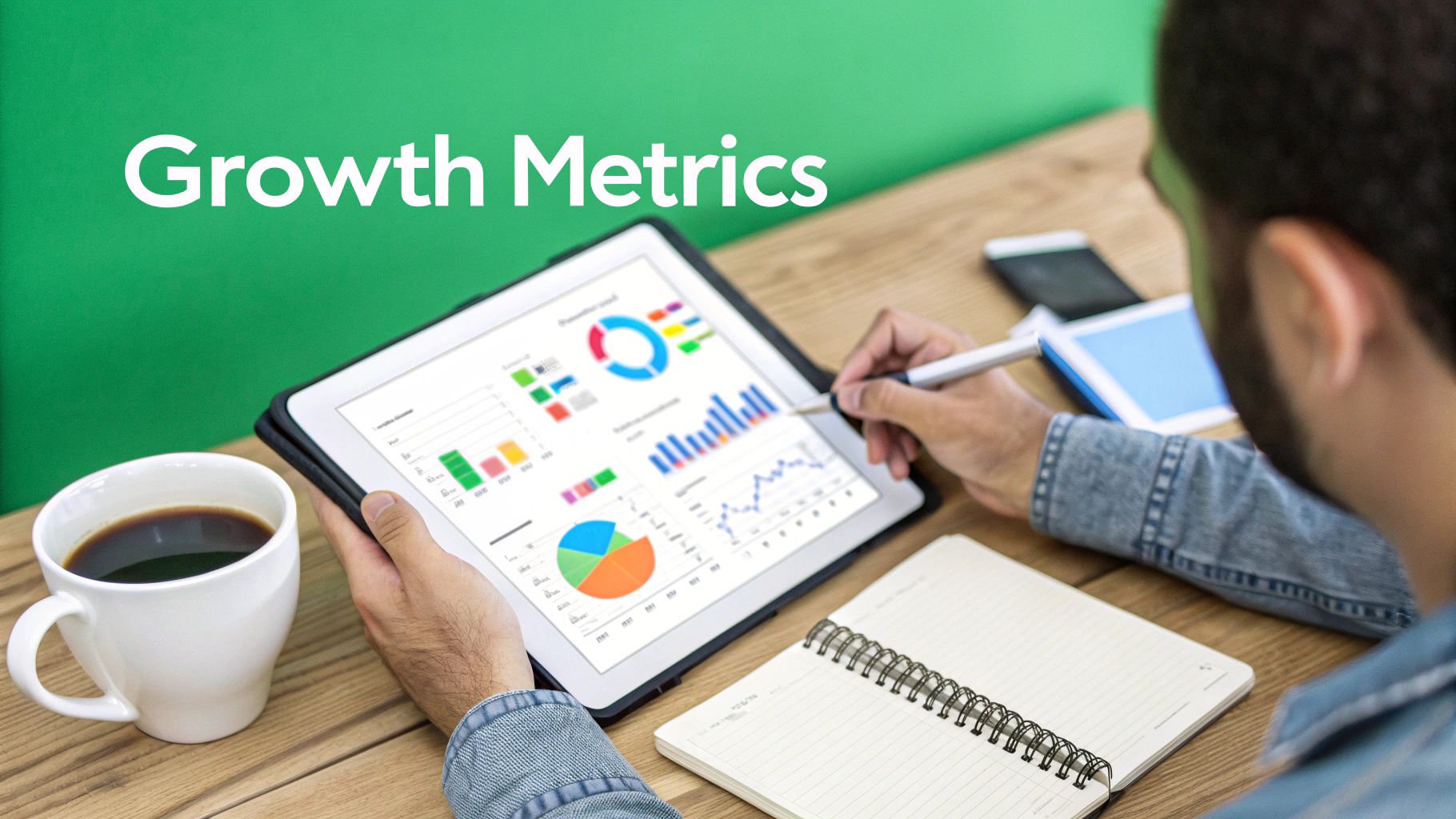 Person reviewing business growth metrics and charts on a tablet, with a coffee cup and notebook.