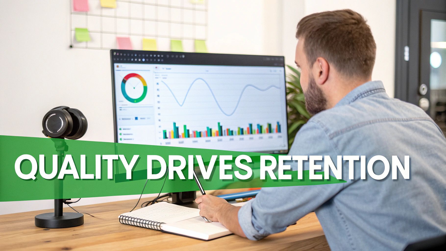 A man analyzes business data on a computer screen, with a green banner stating 'Quality Drives Retention'.