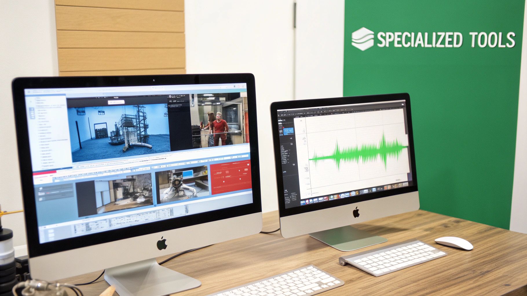 A creative professional working on a complex visual effects project on a multi-monitor setup.