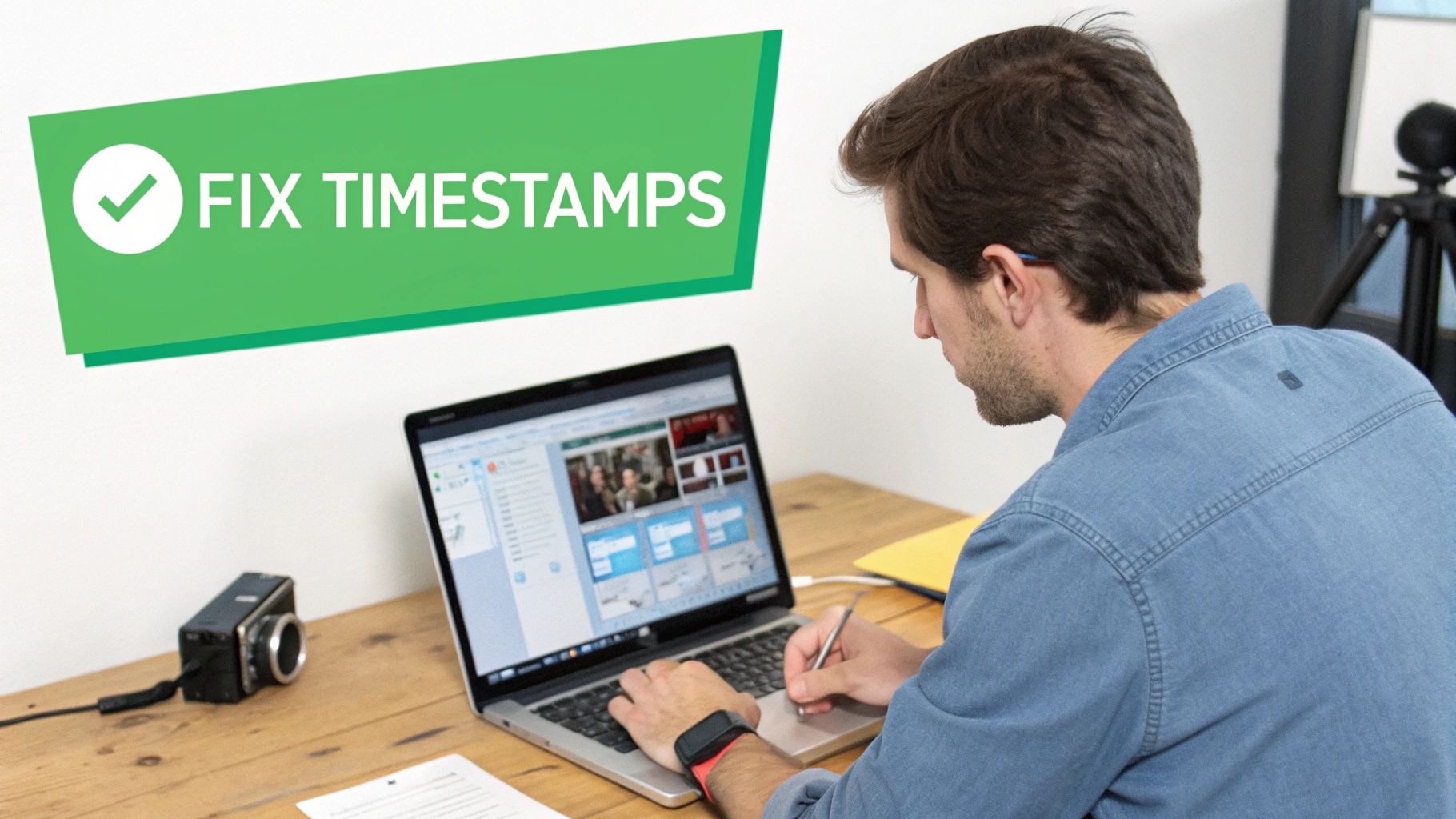 Man fixing video timestamps on a laptop at a wooden desk with a camera.