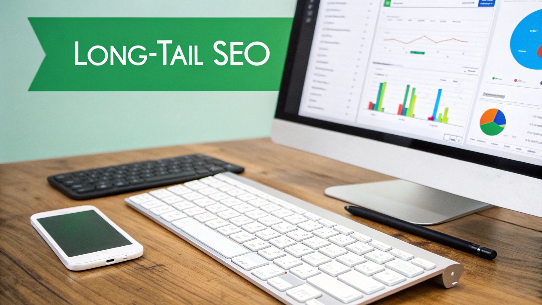 A desk with a computer monitor displaying SEO analytics, keyboards, a smartphone, and a 'Long-Tail SEO' banner.