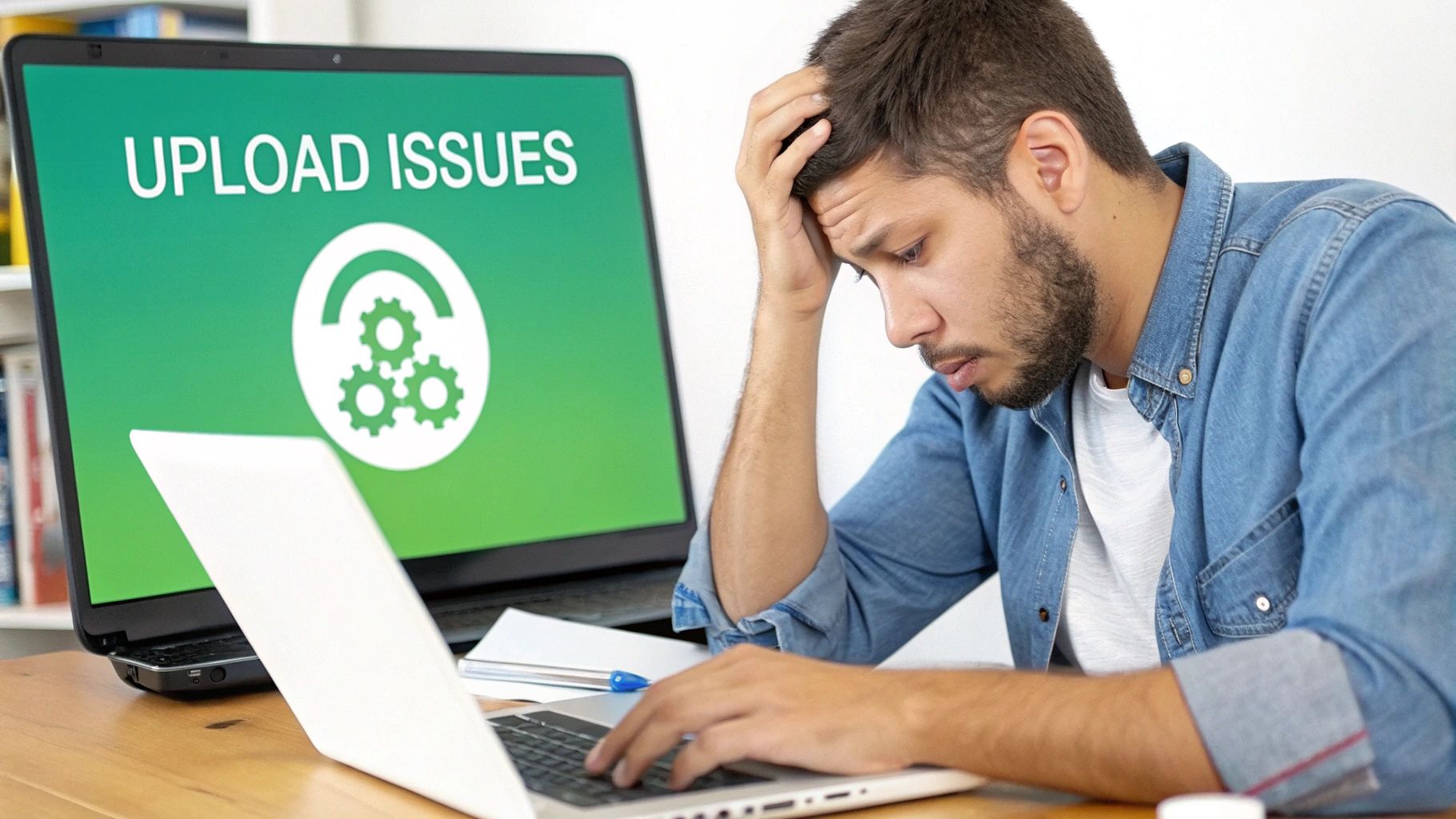 A frustrated man looks at his laptop displaying 'UPLOAD ISSUES' and a gear icon.