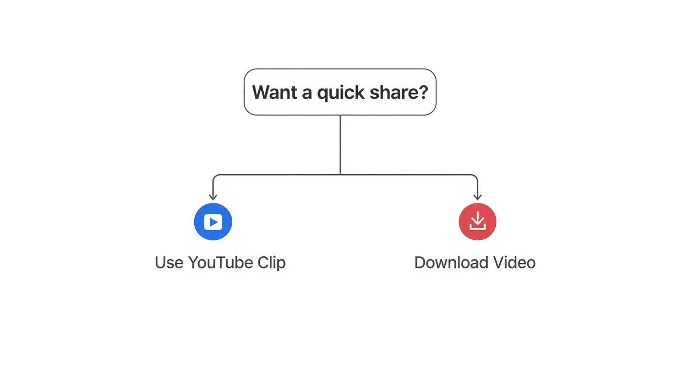 Flowchart showing two options for sharing YouTube video clips: use YouTube Clip feature or download video