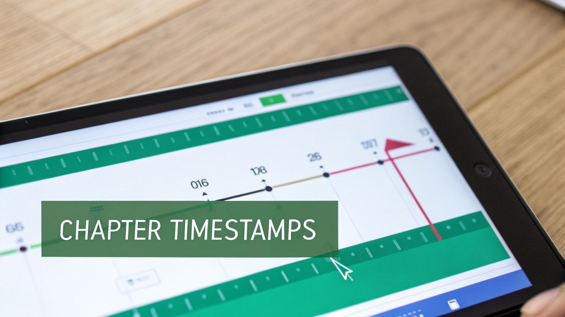 A close-up of a tablet showing a graph with numbers and a green overlay for 'Chapter Timestamps'.