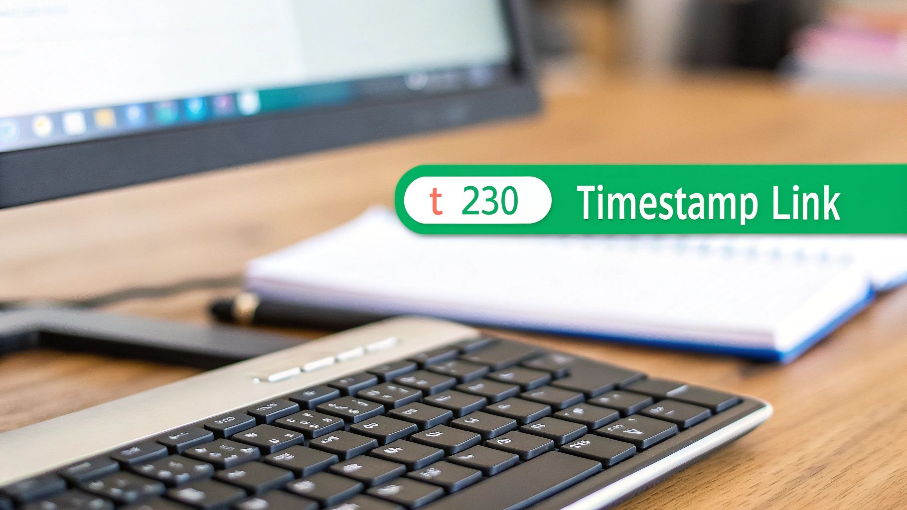 A desk with a keyboard, laptop, and notebook, featuring a 'Timestamp Link' banner.