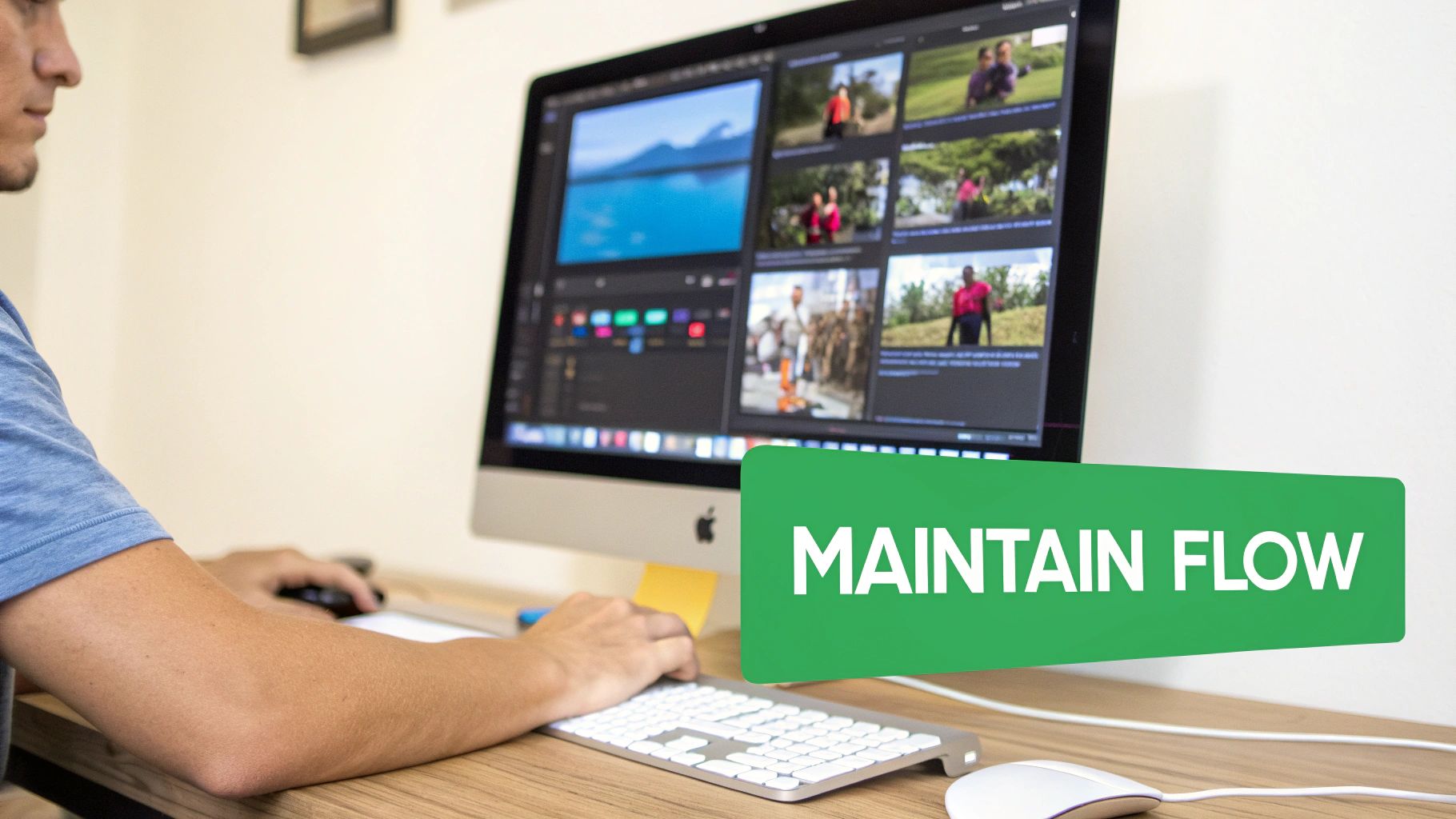 A man editing videos on an iMac computer, with a 'MAINTAIN FLOW' graphic, symbolizing efficient workflow.