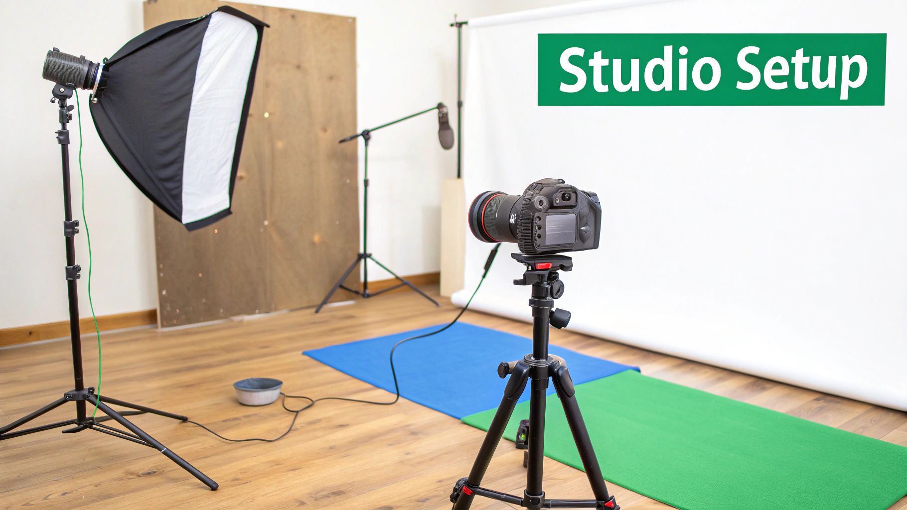 A professional photo and video studio setup with a camera, softbox, and backdrops.