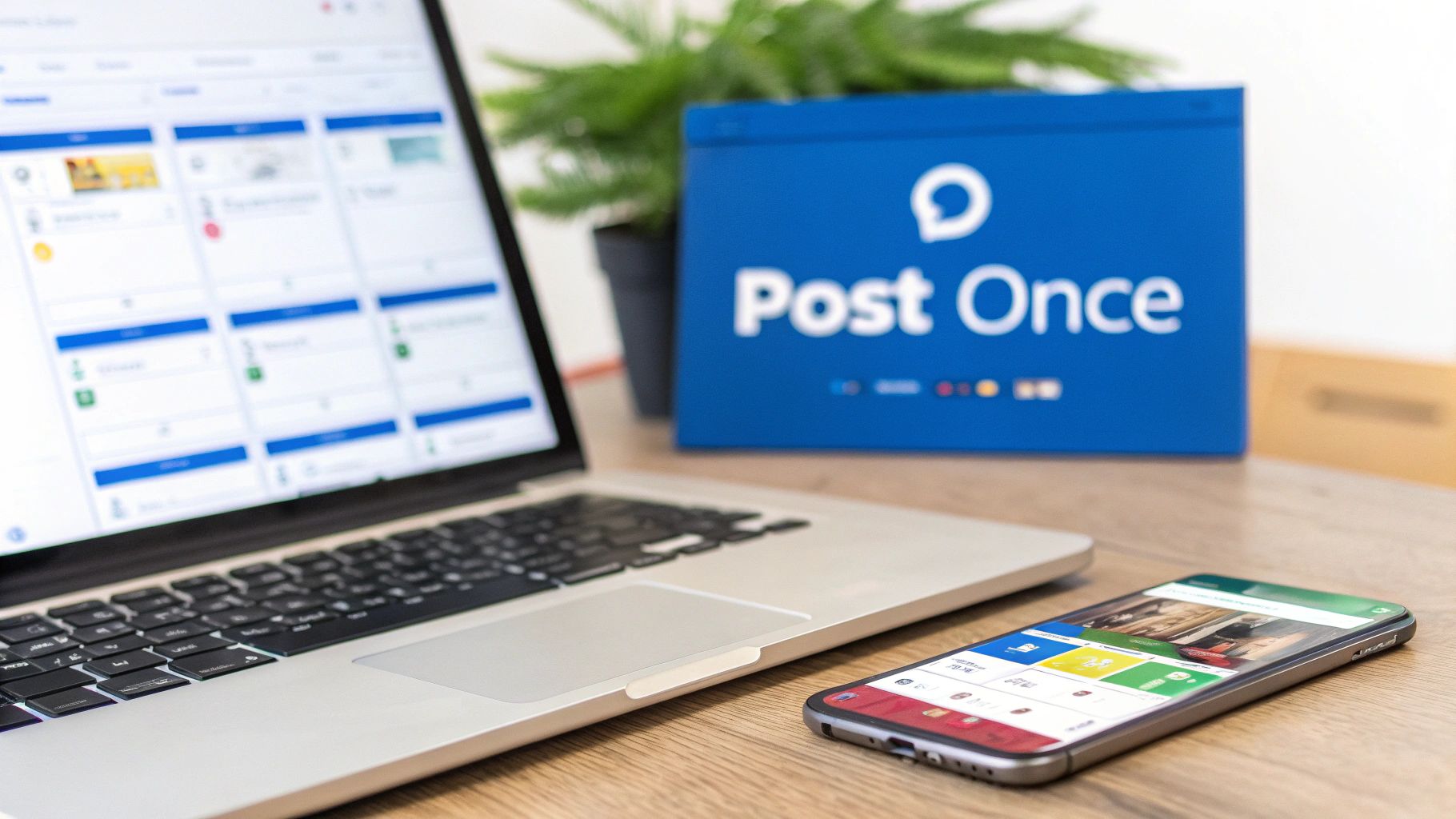 Laptop and smartphone displaying social media scheduling app with Post Once branding on desk