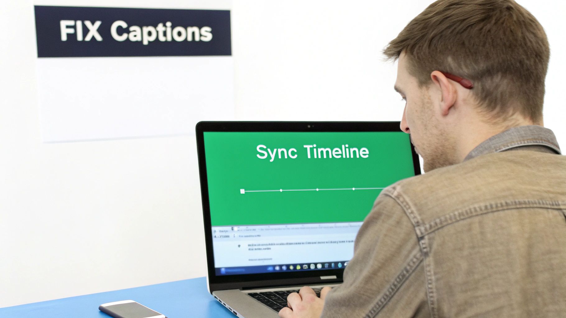 Person using laptop to sync timeline and fix captions for video editing accessibility