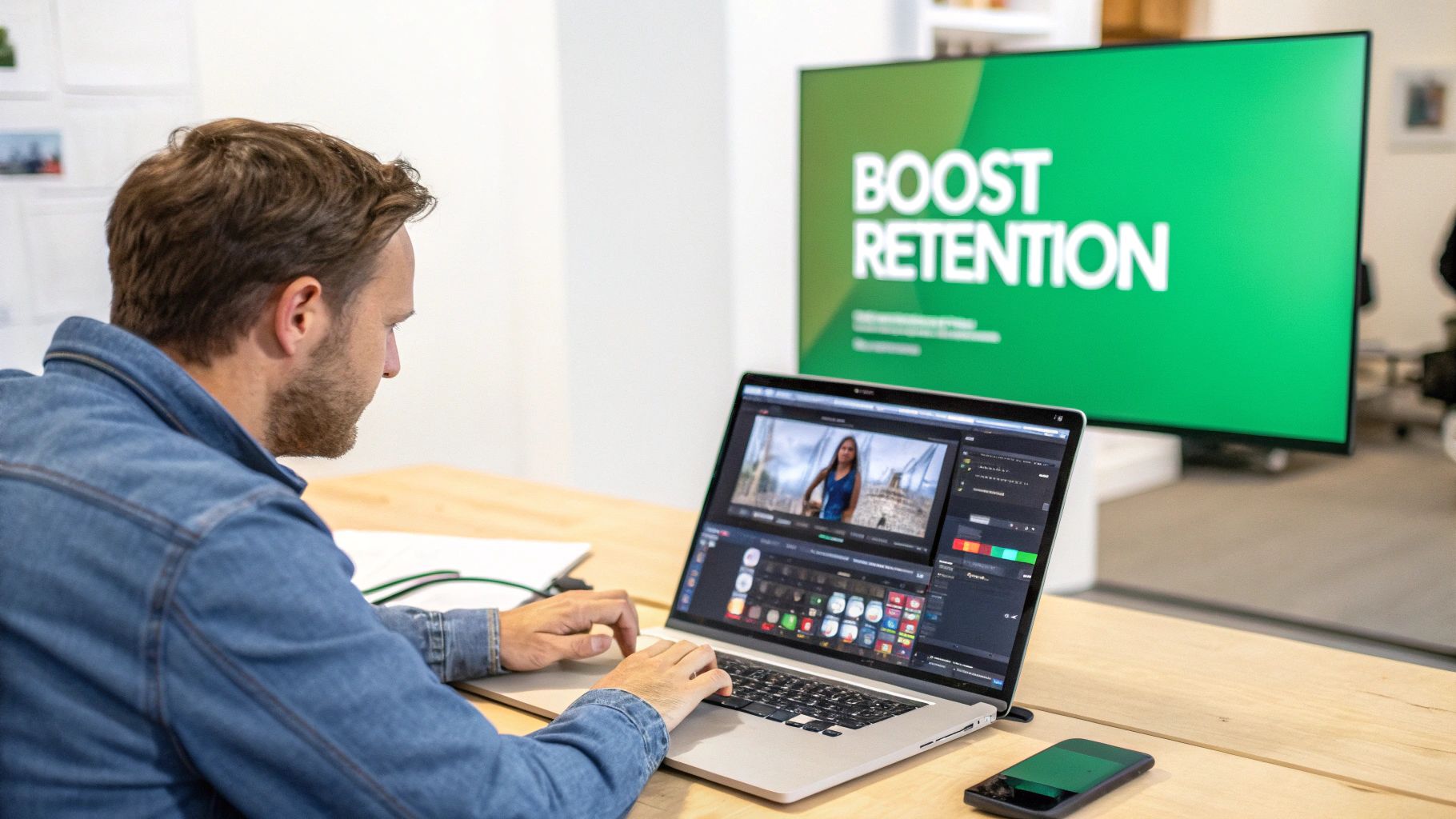 A person pointing at a screen showing a YouTube video with chapters, illustrating improved navigation and user experience.