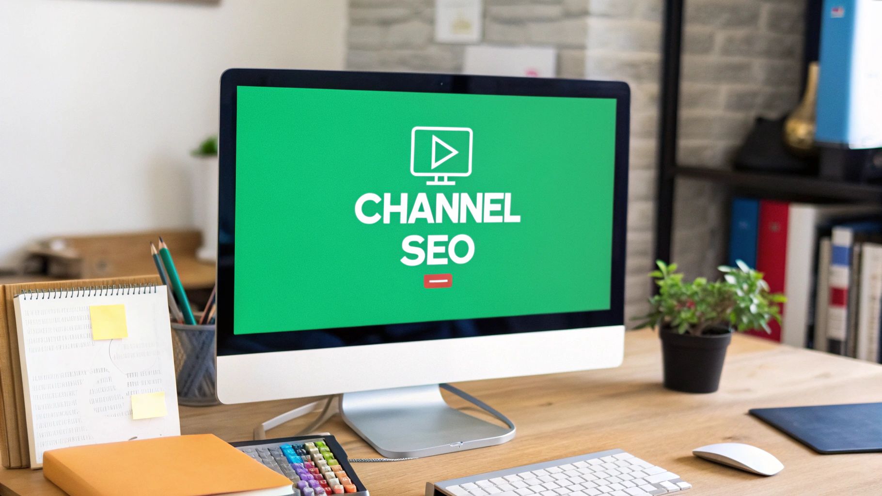 A computer monitor displays "CHANNEL SEO" with a video play icon on a wooden office desk.