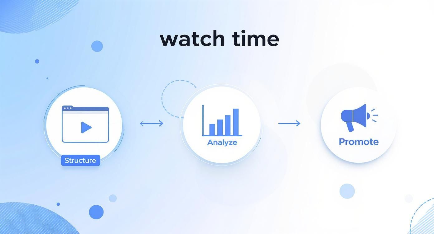 Diagram showing a three-step process: Structure video, Analyze performance, and Promote for increased watch time.