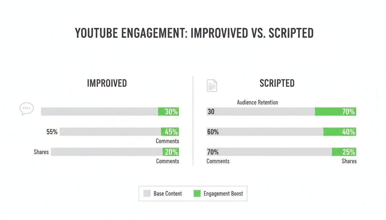 Bar chart comparing YouTube engagement for improvised versus scripted video content, showing various metrics and engagement boosts.
