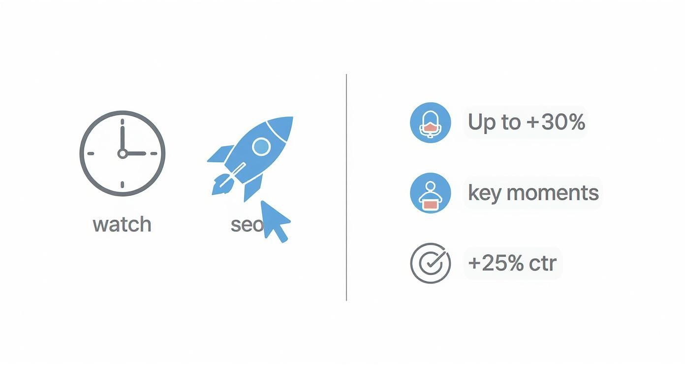 Infographic summarizing the benefits of YouTube timestamps, showing icons for Watch Time, SEO, and Clicks with corresponding data points like +30% Watch Time and +25% CTR.