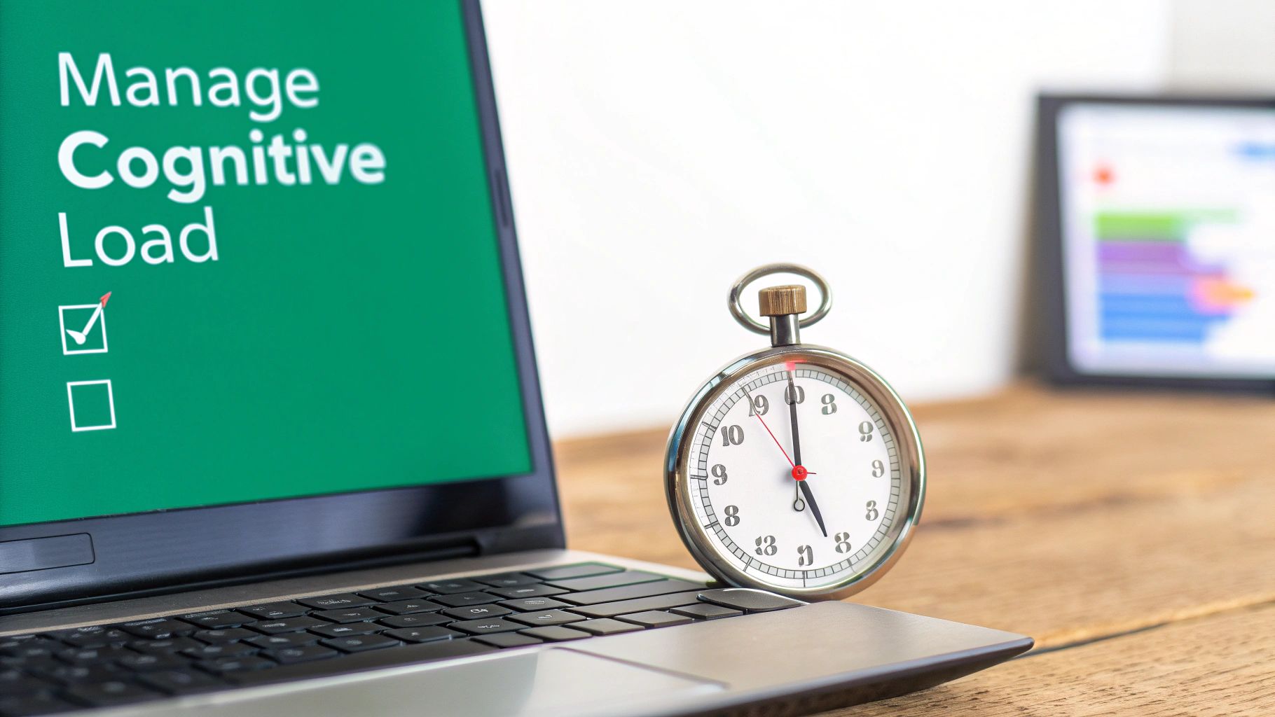 A laptop screen displays 'Manage Cognitive Load' with a checked box next to a stopwatch on a desk.