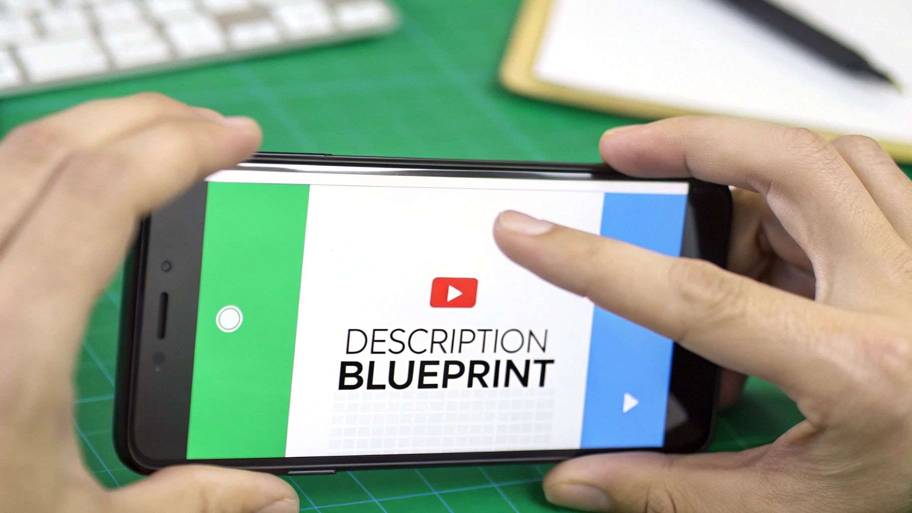 A person holds a smartphone displaying a YouTube 'DESCRIPTION BLUEPRINT' graphic.