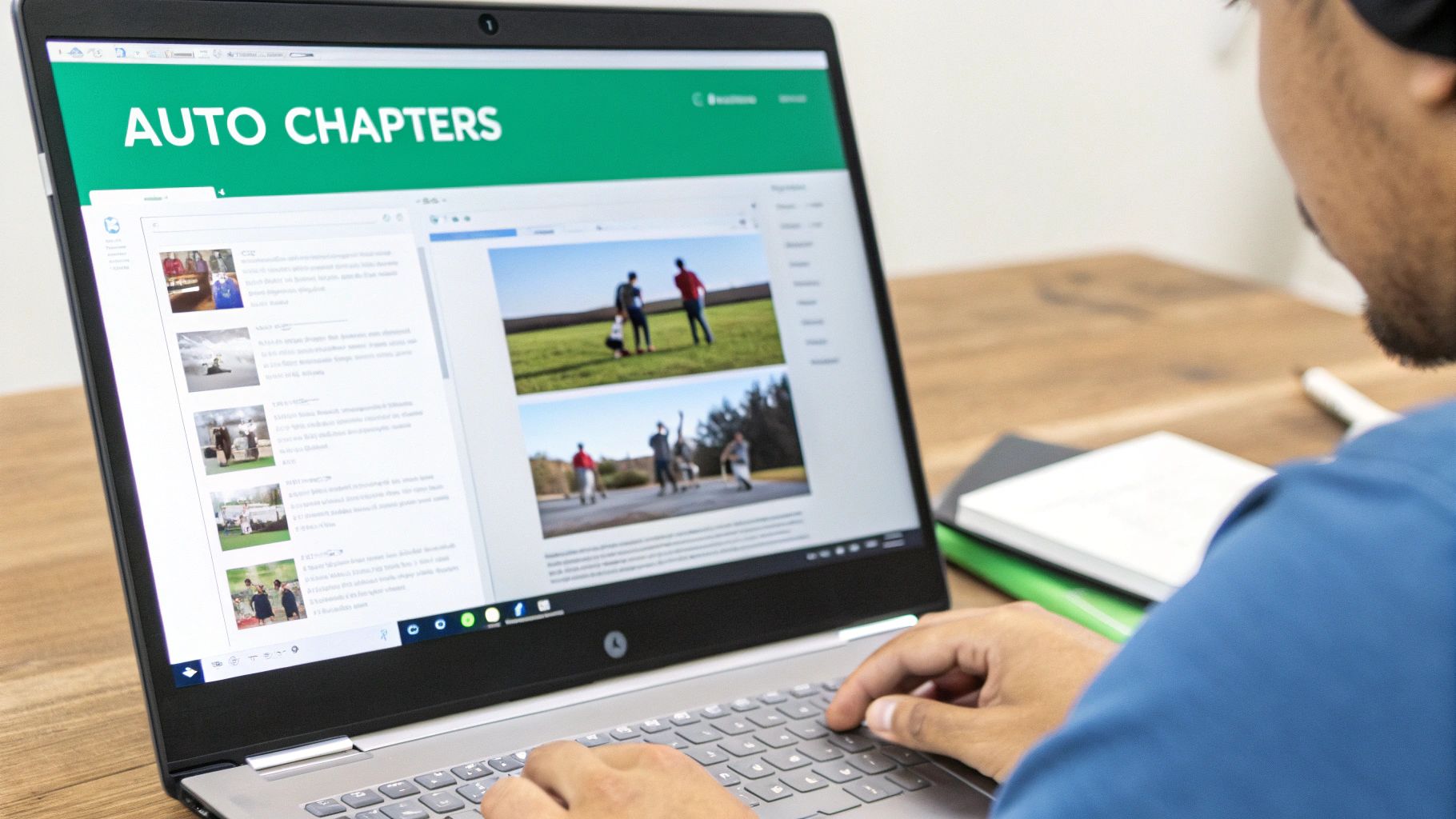 Person viewing a laptop screen displaying a web page titled 'AUTO CHAPTERS' with various image and text content.