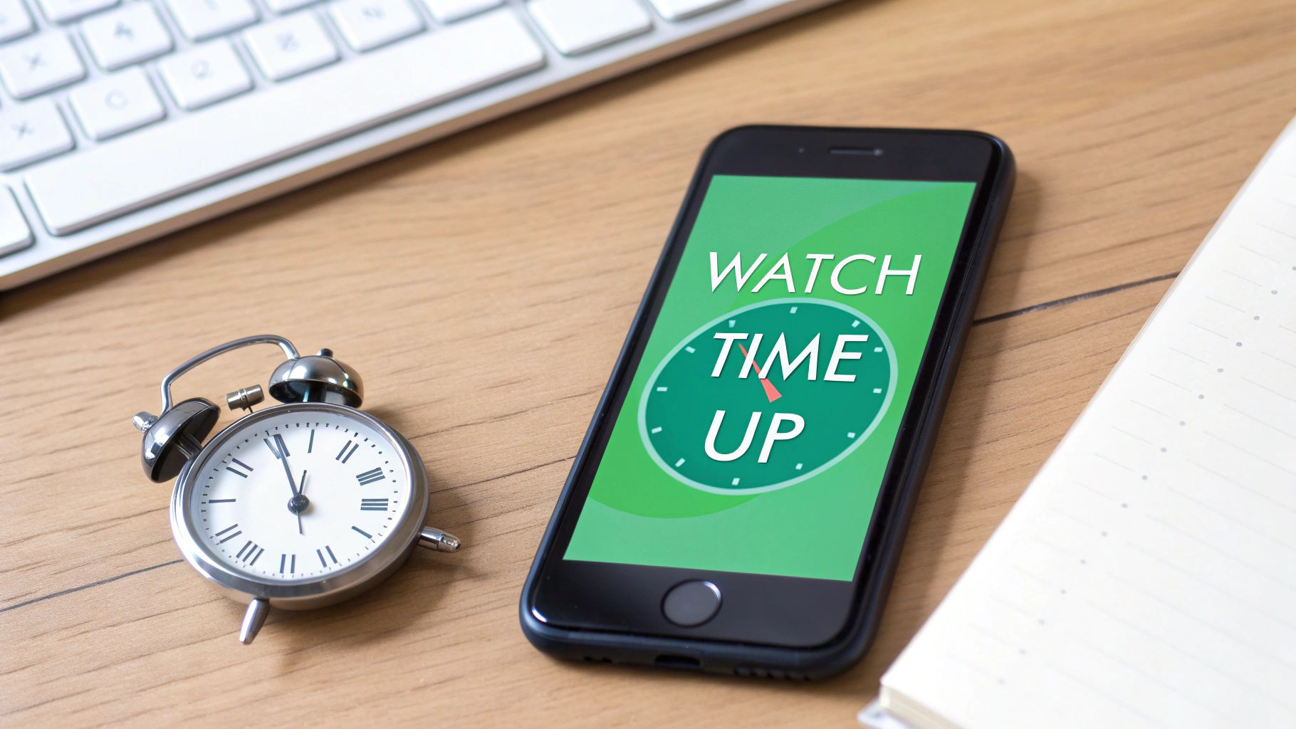 An alarm clock, smartphone displaying 'WATCH TIME UP', keyboard, and notebook on a wooden desk, symbolizing time management.